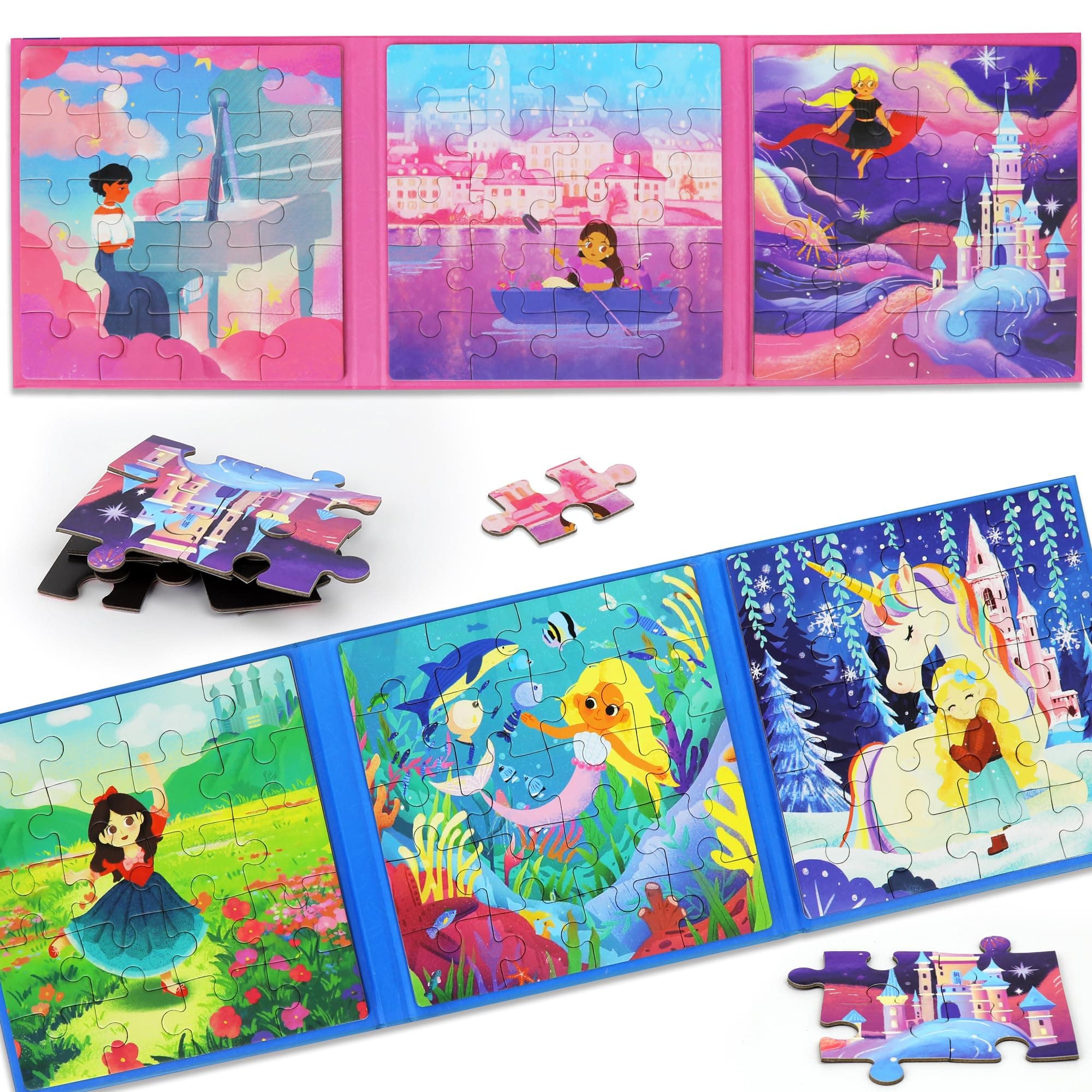 Puzzles for Girls 3-5 2PK-120PCS 6 Unicorn Mermaid Princess Themes Puzzle Magnetic Puzzles for Girls 4-6 Travel Puzzles Gift Toys for Girl 4-8