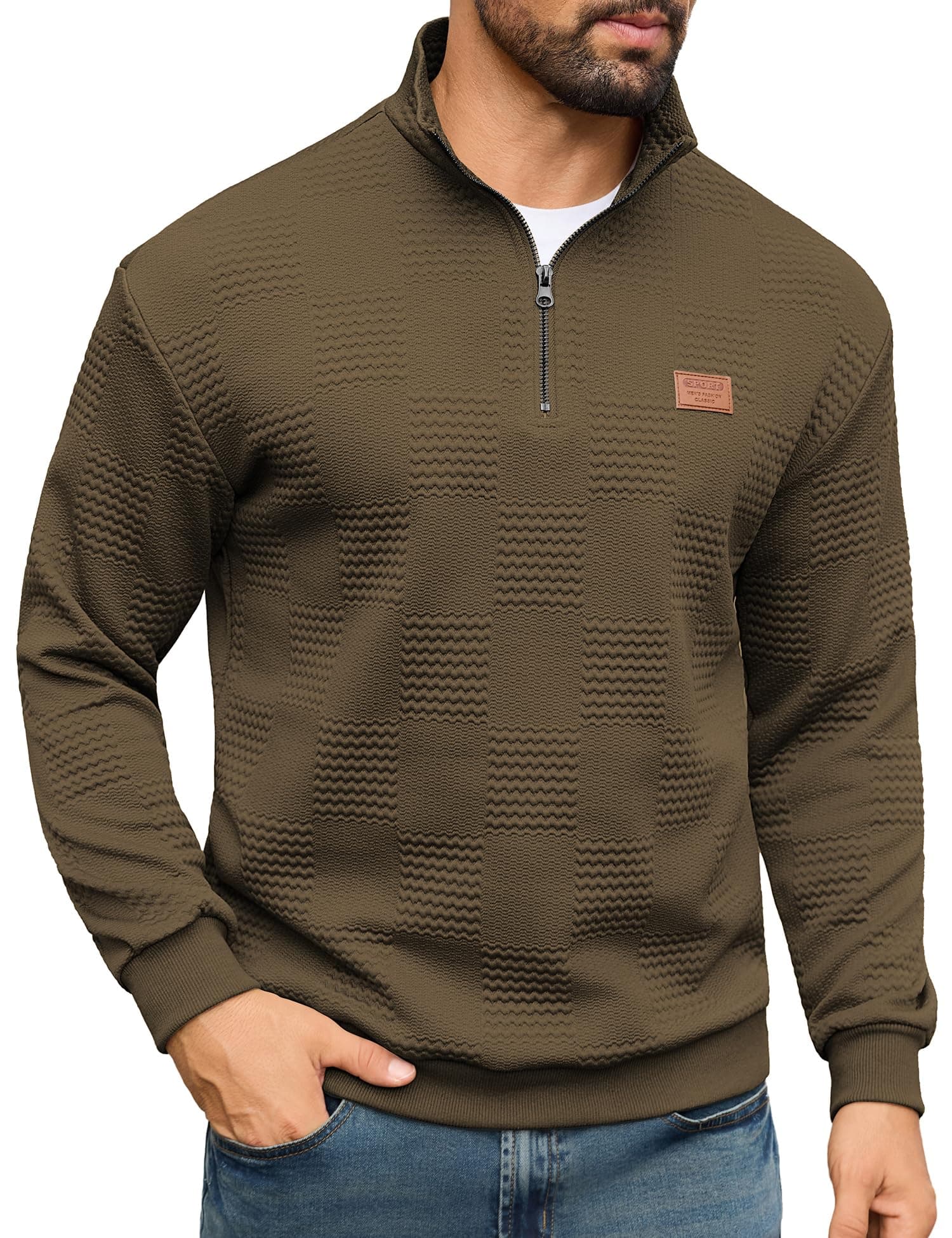 URRU Men's Quarter Zip Pullover Sweatshirt Mock Neck Long Sleeve Sweater Slim Fit Casual Polo Sweaters Brown L