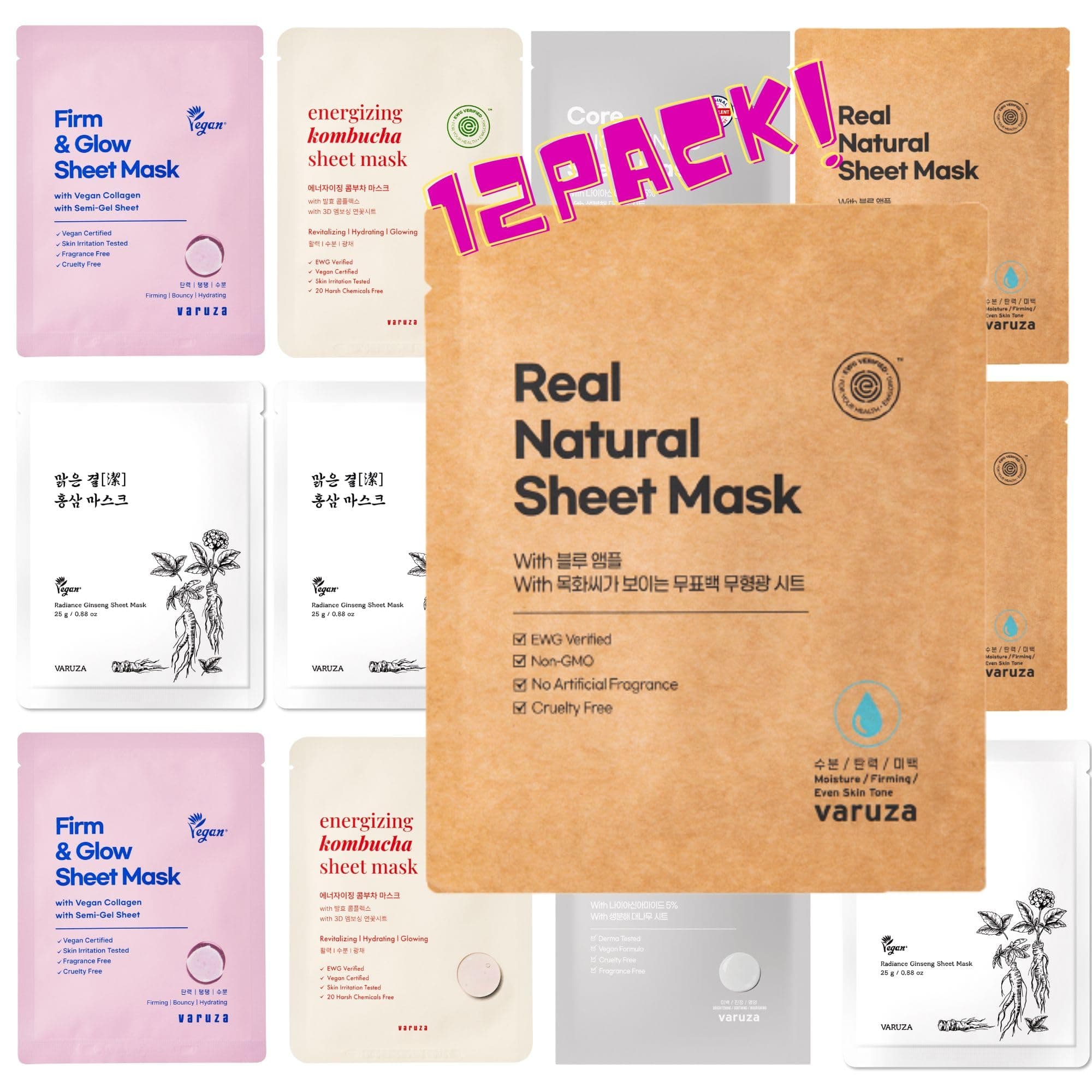 VARUZA Best Collection – Premium Vegan Korean Sheet Mask Set (12 Sheets) | Firming, Hydration & Glow | Clean Beauty, EWG & Vegan Certified