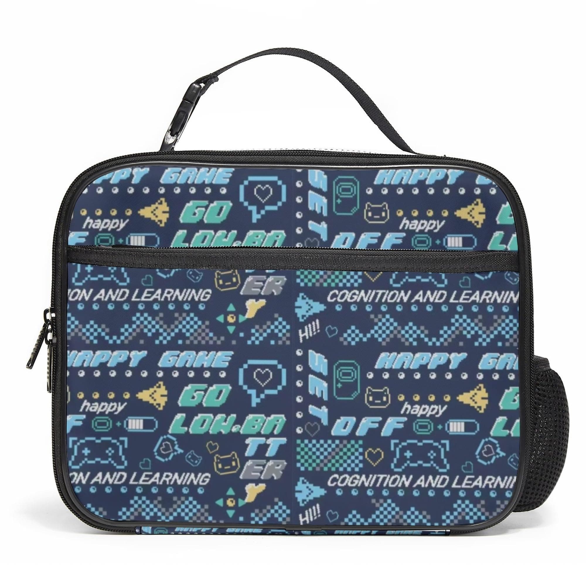 Large Lunch Box, Insulated Reusable Lunch Bag with Water Bottle Holder Portable Waterproof Leakproof Lunch Tote Bag Cute Lunch Box for School Picnic Travel Back to School (Happy Game)