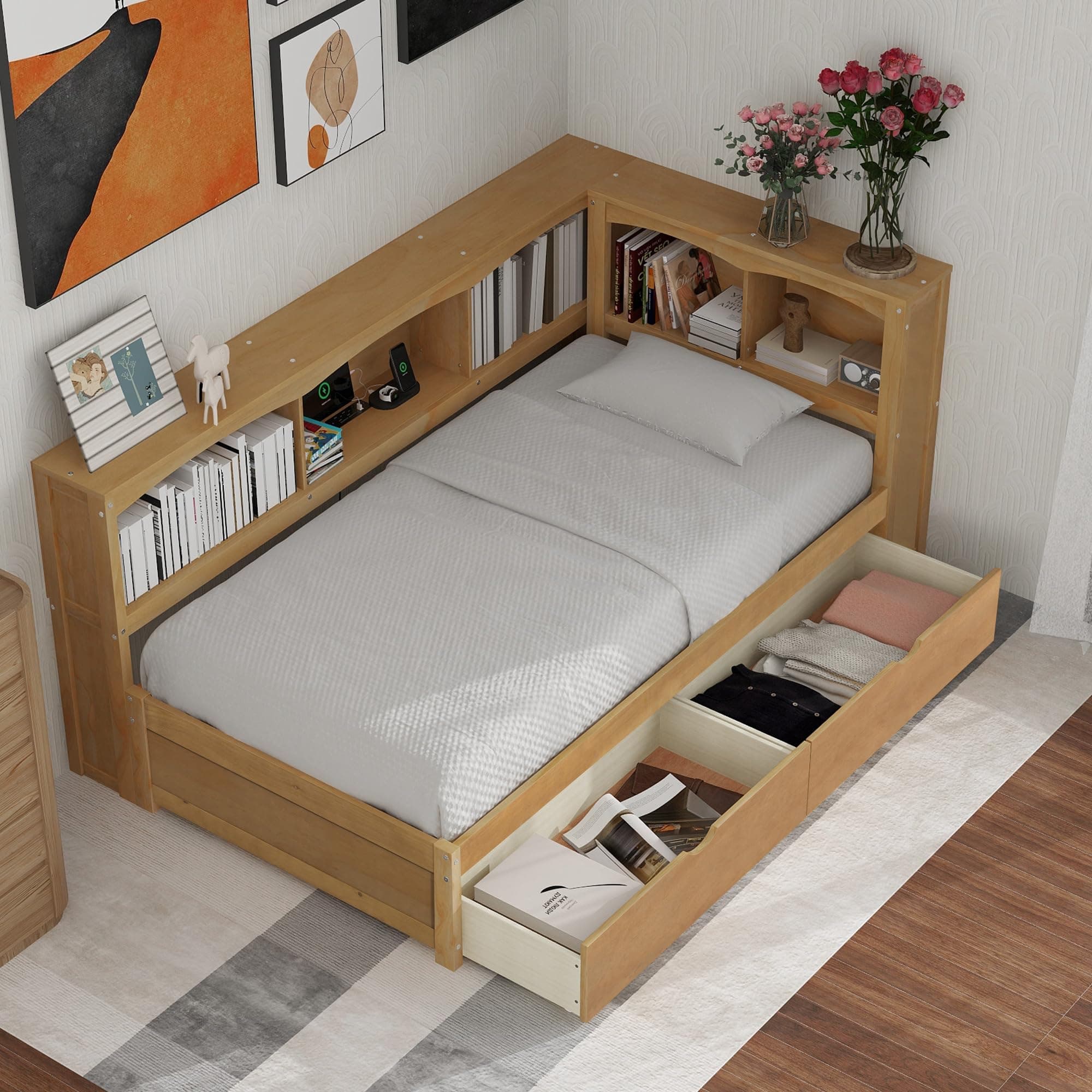 Harper & Bright Designs Twin Size Daybed with Storage Drawers & L Shaped Bookcases, Wood Twin Bed with USB Ports & Storage Cabinets, Twin Sofa Bed Frame for Bedroom,Living Room,Natural