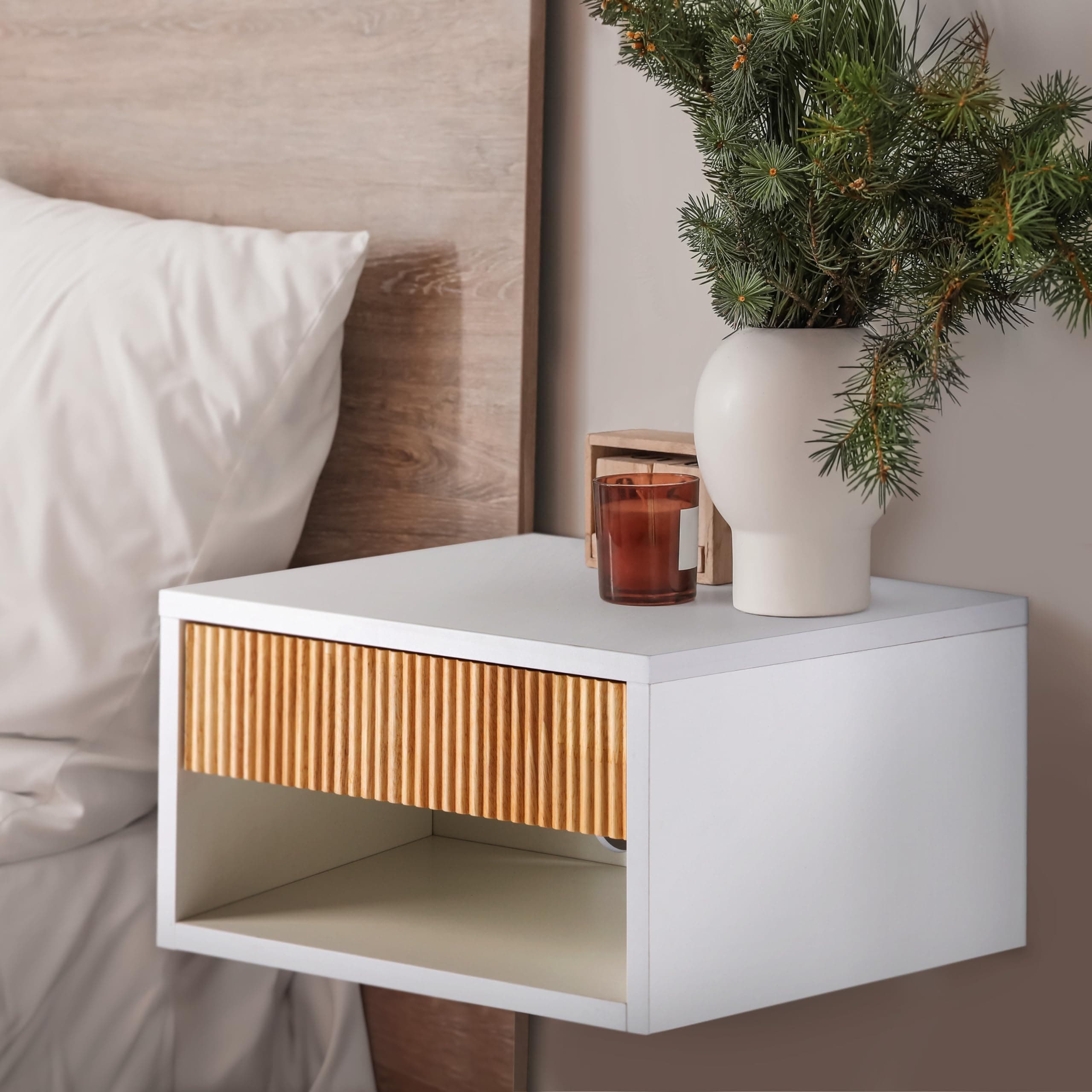 JONATHAN Y NST2001B Elise 15.71" Classic Contemporary Floating Wall Mounted Nightstand with Soft-Close Tambour Drawer and Cable Hole, White/Light Oak