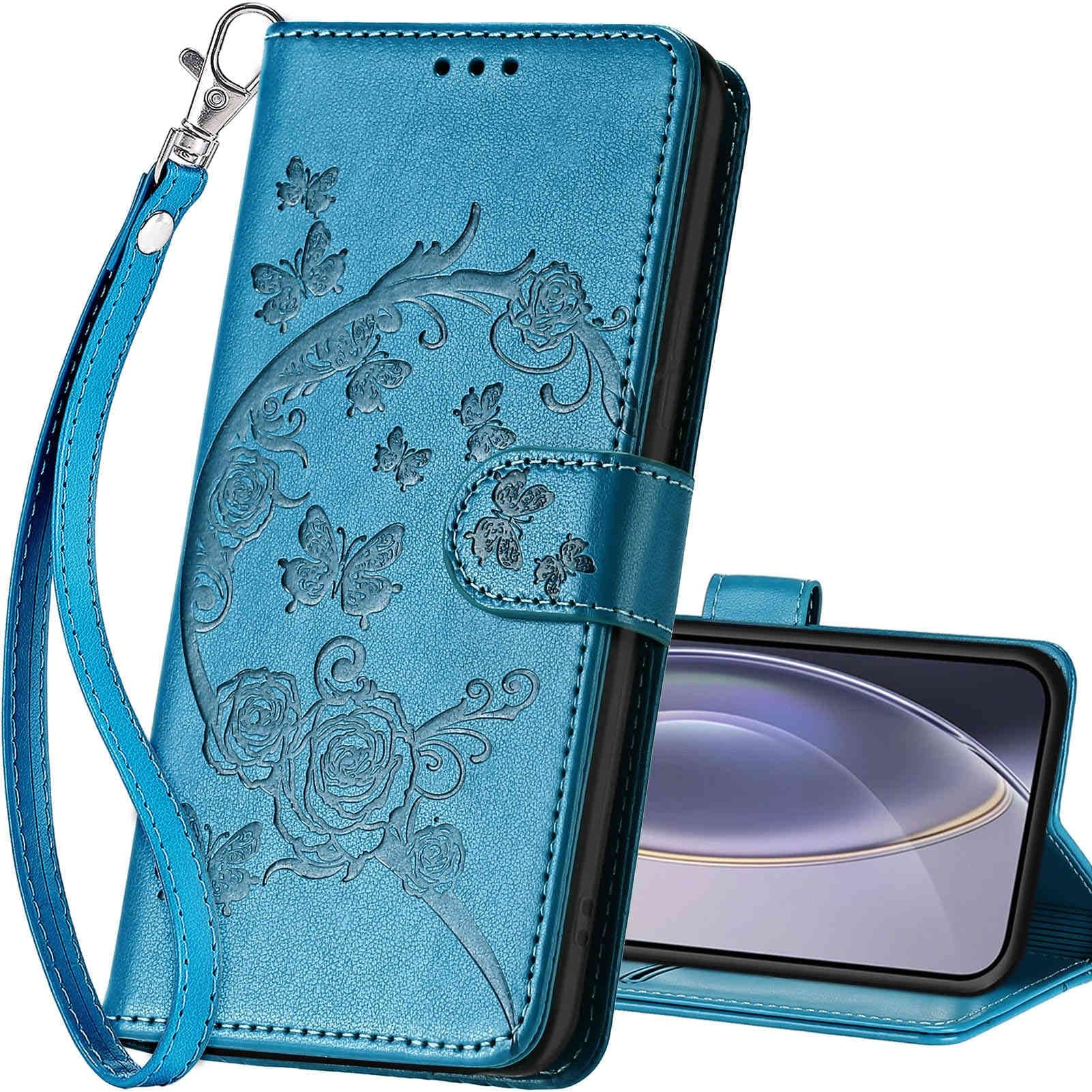 SASYMALY for iPhone 16 Pro Max Wallet case, Flip Folio Cover with Stand Feature for Women Men, PU Leather Phone Case Fit for iPhone 16 Pro Max 6.7'' [Blue-Flower]