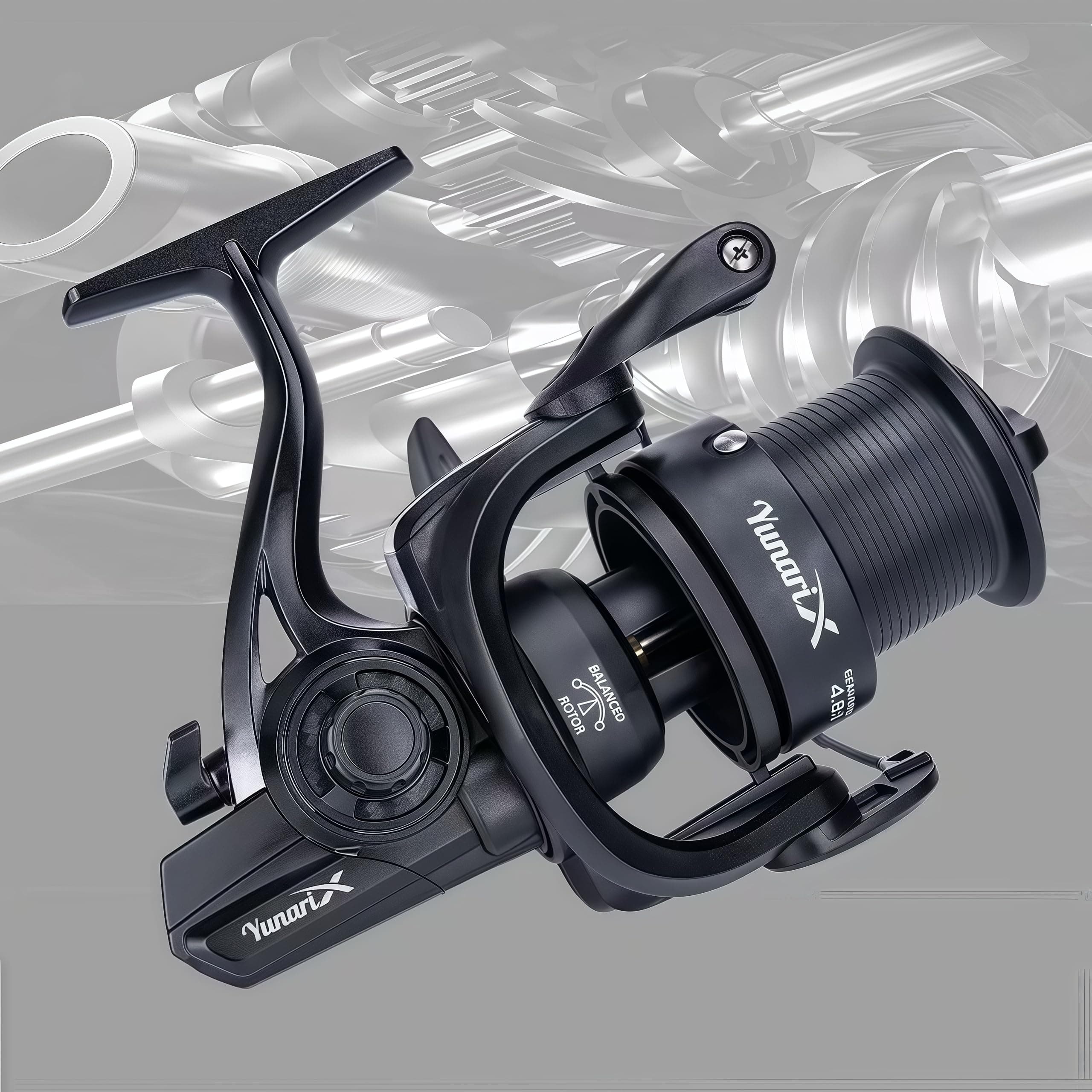 Yunari X Spinning Fishing Reel, Black, Worm Shaft Mechanism, 4.8:1 Gear Ratio, Models 6000-8000, Saltwater Fishing, 14-18KG Drag (YU8000)