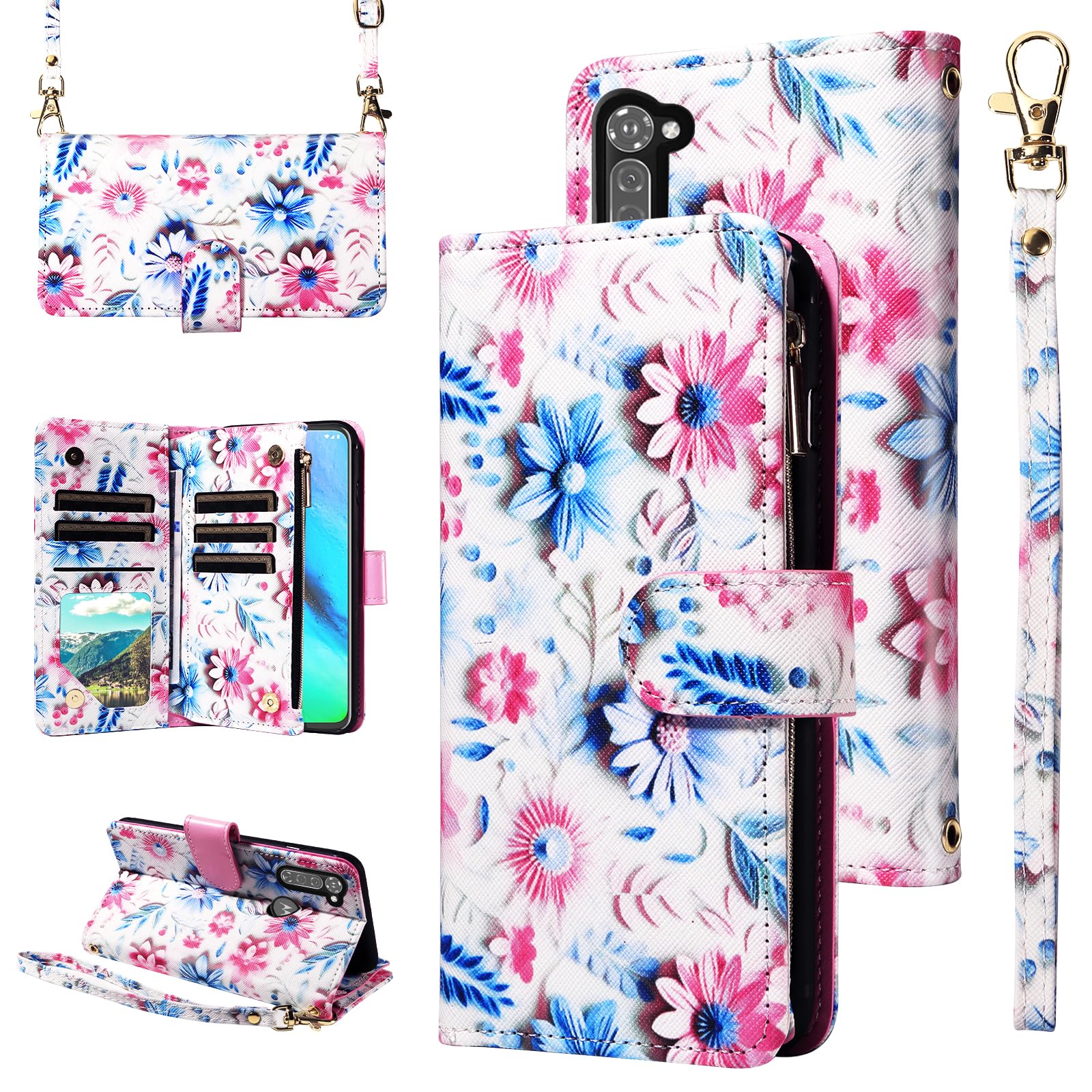 Furill Wallet Case for Moto G Stylus 2020 MotoG Pro with Wrist Strap Crossbody Shoulder Strap Flower Leather Zipper Purse Card Holder Phone Cover Motorola GStylus Stylo XT2043-4 XT2043 Girls Pink
