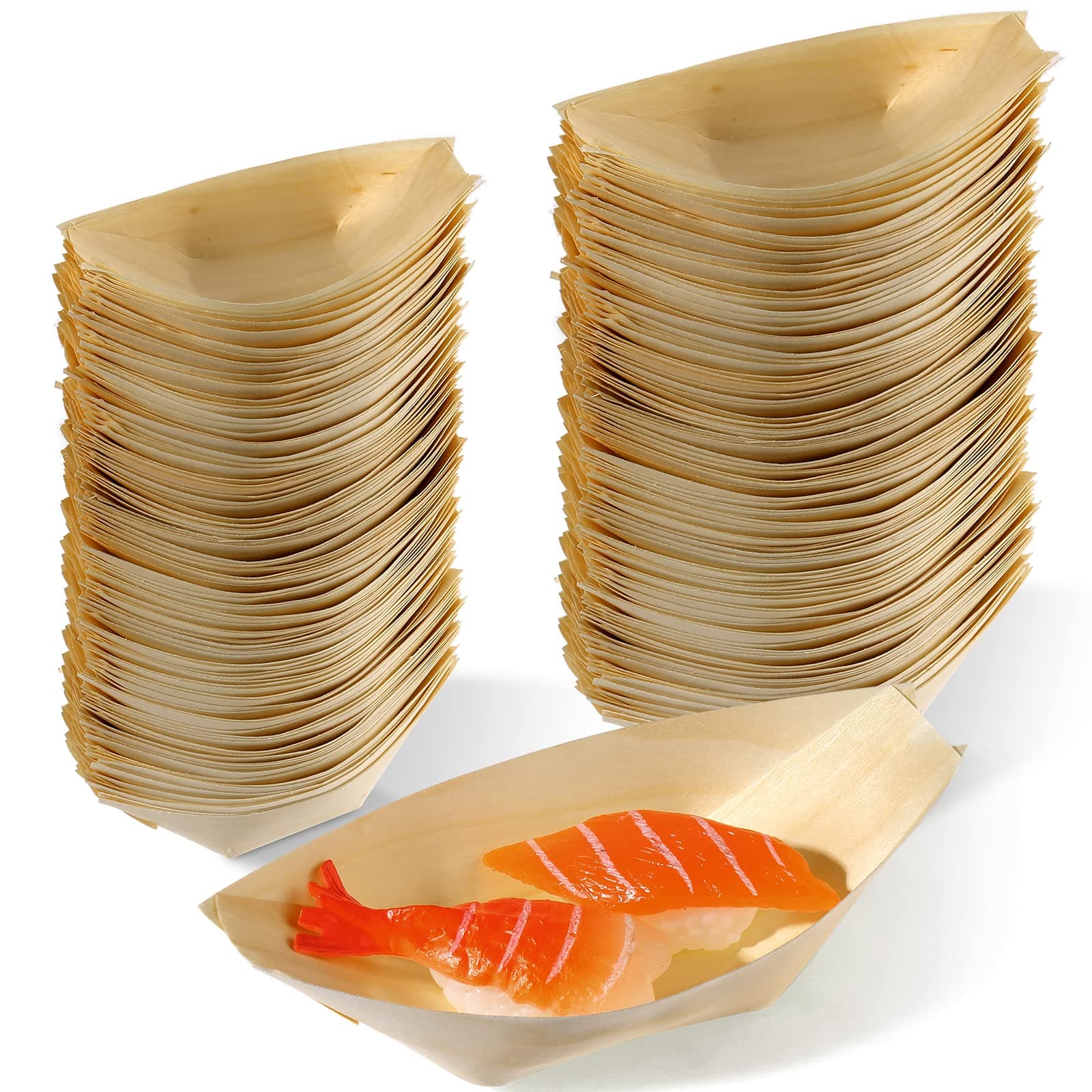 Nuanchu 200 Pcs Bamboo Wooden Boat Bulk Disposable Wood Boat Plates Sushi Boats Serving Dish Bamboo Boats for Food Trays Party and Home Use (5, 8 Inch)