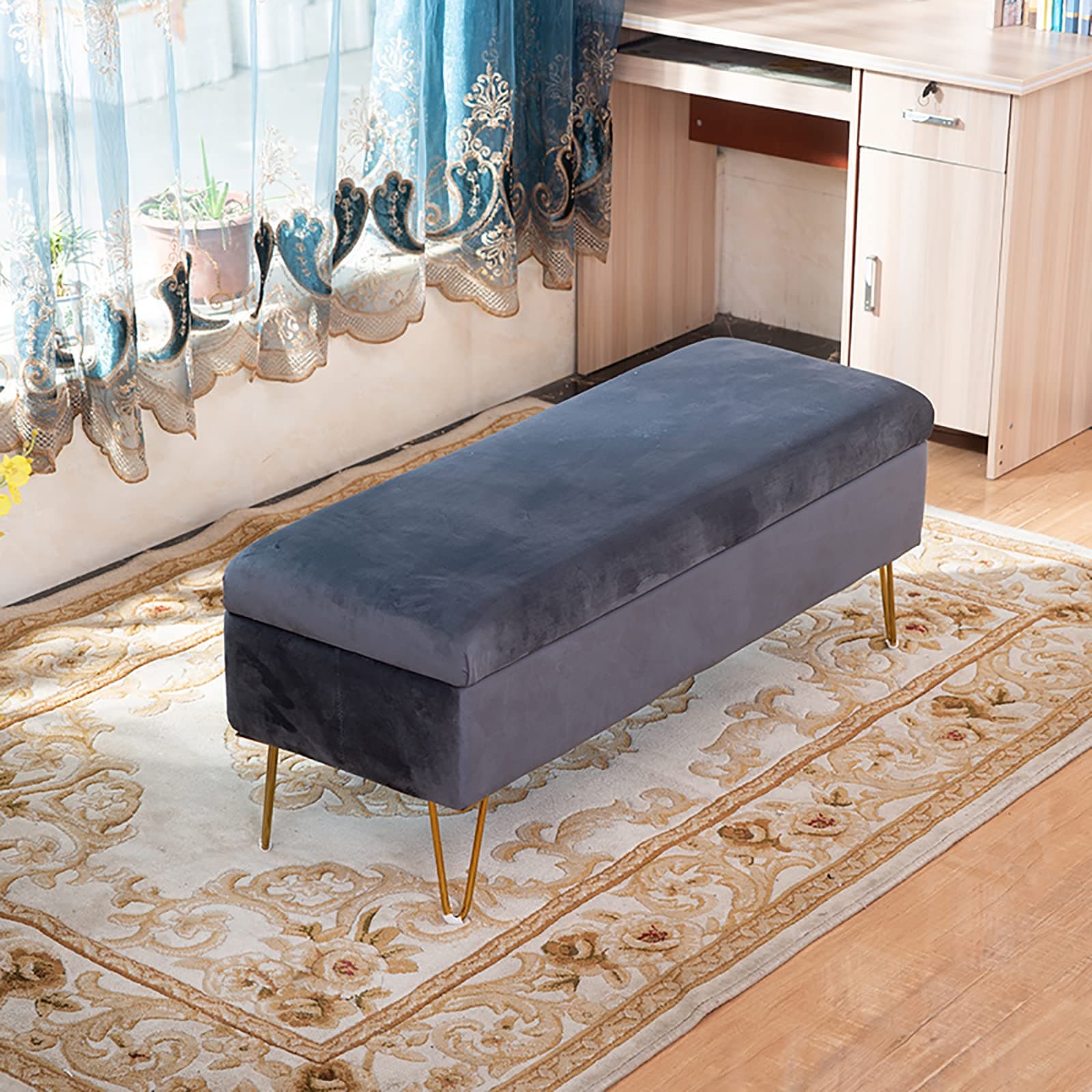 Modern Velvet Storage Bench, Plush Tufted Ottoman, Stylish Rectangular Footstool for Entryway & Living Room, Purple Upholstered End of Bed Settee 100X40X43Cm,Dark Grey-100x40x43cm(39x16x17