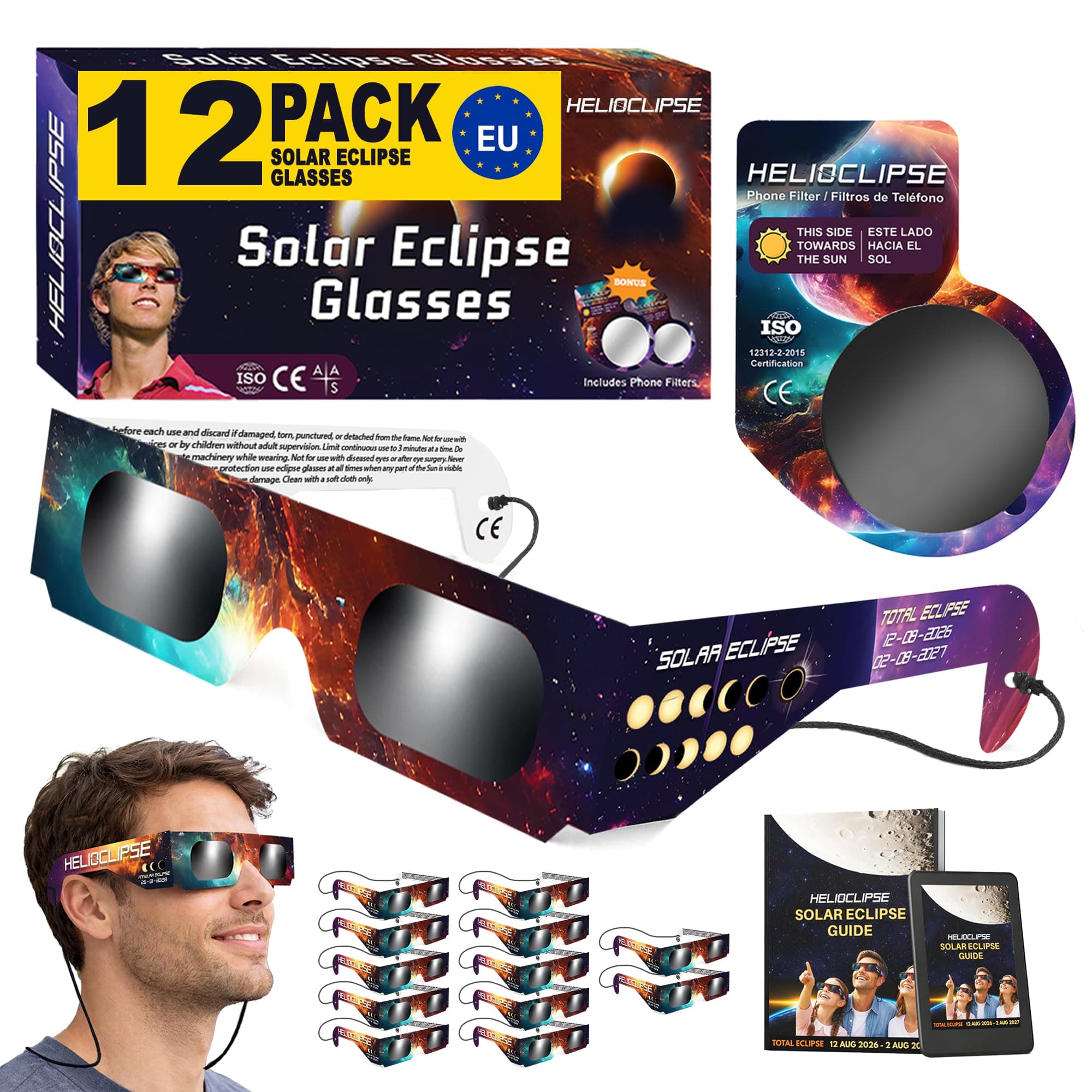 Helioclipse 12 Pack Solar Eclipse Glasses 2026 ISO 12312-2 Certified - Eclipse Glasses Approved - Certified Solar Eclipse Glasses & 2x Phone Filter