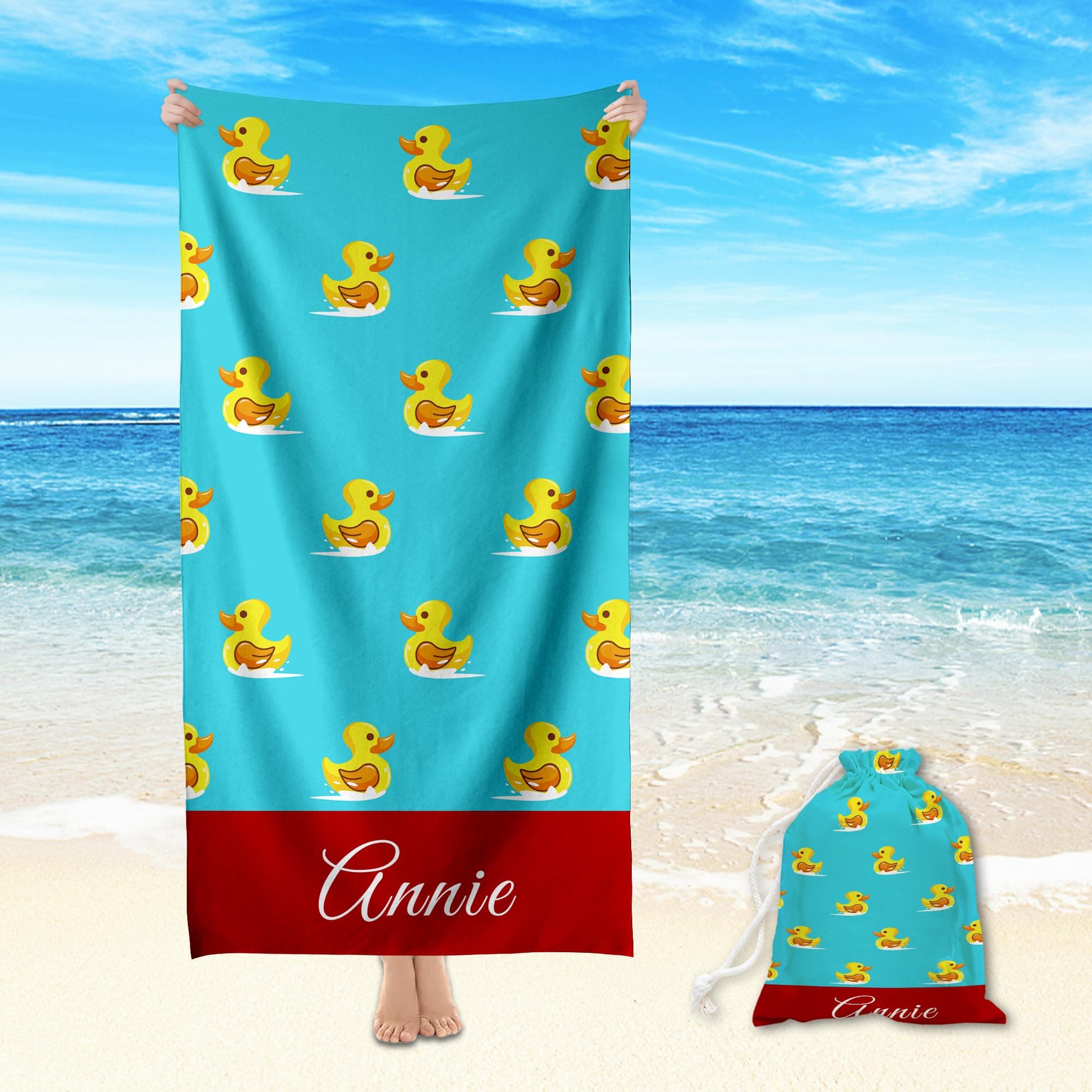 Ecautly Personalized Kids Beach Towel for Boys Girls, Custom Little Yellow Duck Beach Towel Microfiber Quick Dry Sand Free Swim Toddler Beach Towel with Travel Bag