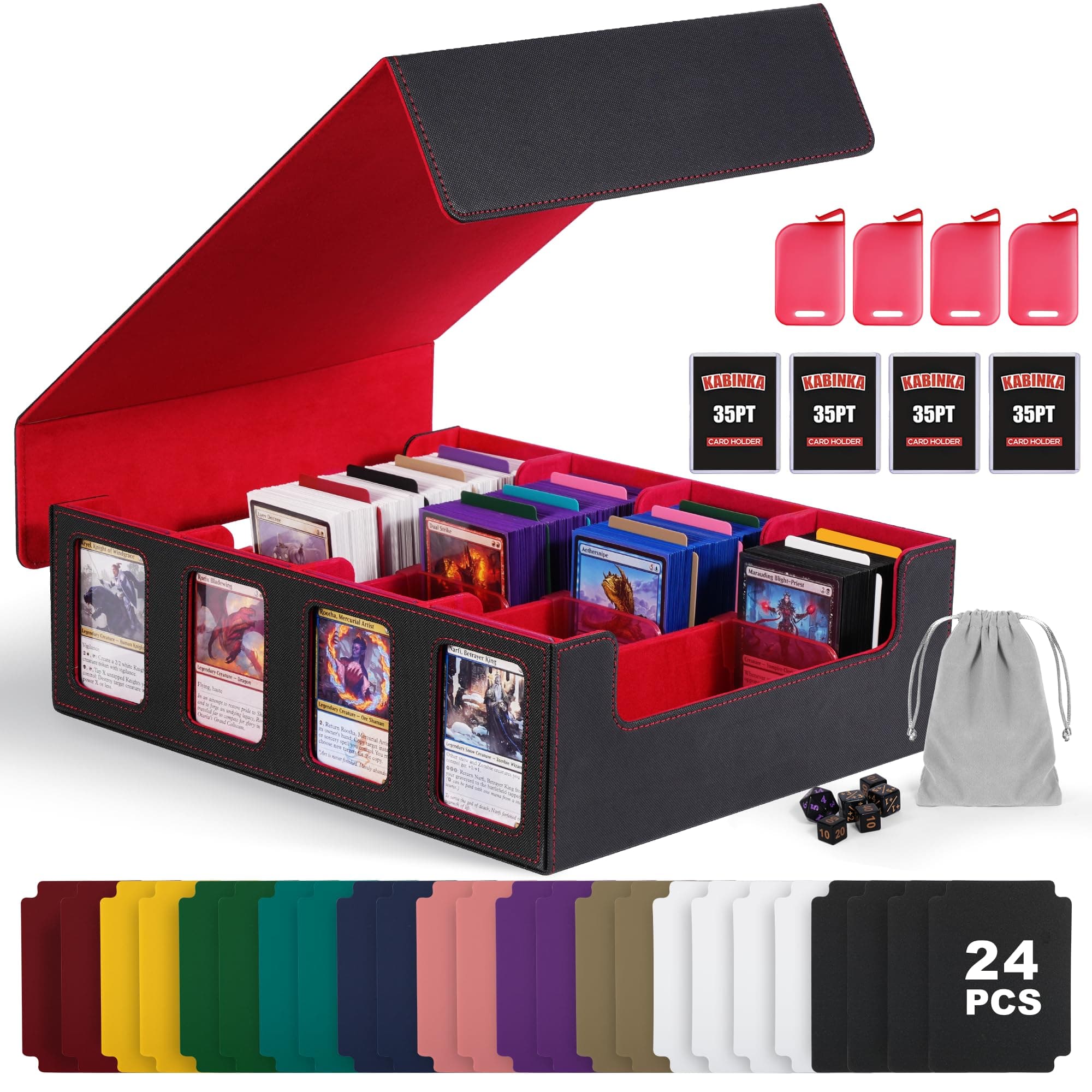 Kabinka Trading Card Storage Box with Commander Display, 4-Row Deck Case with Removable Lid; 2400+ Card Deck Box for MTG TCG Sports Card, 4 Toploaders, 4 Stoppers, 24 Dividers,1 Dice Bag (Black Red)