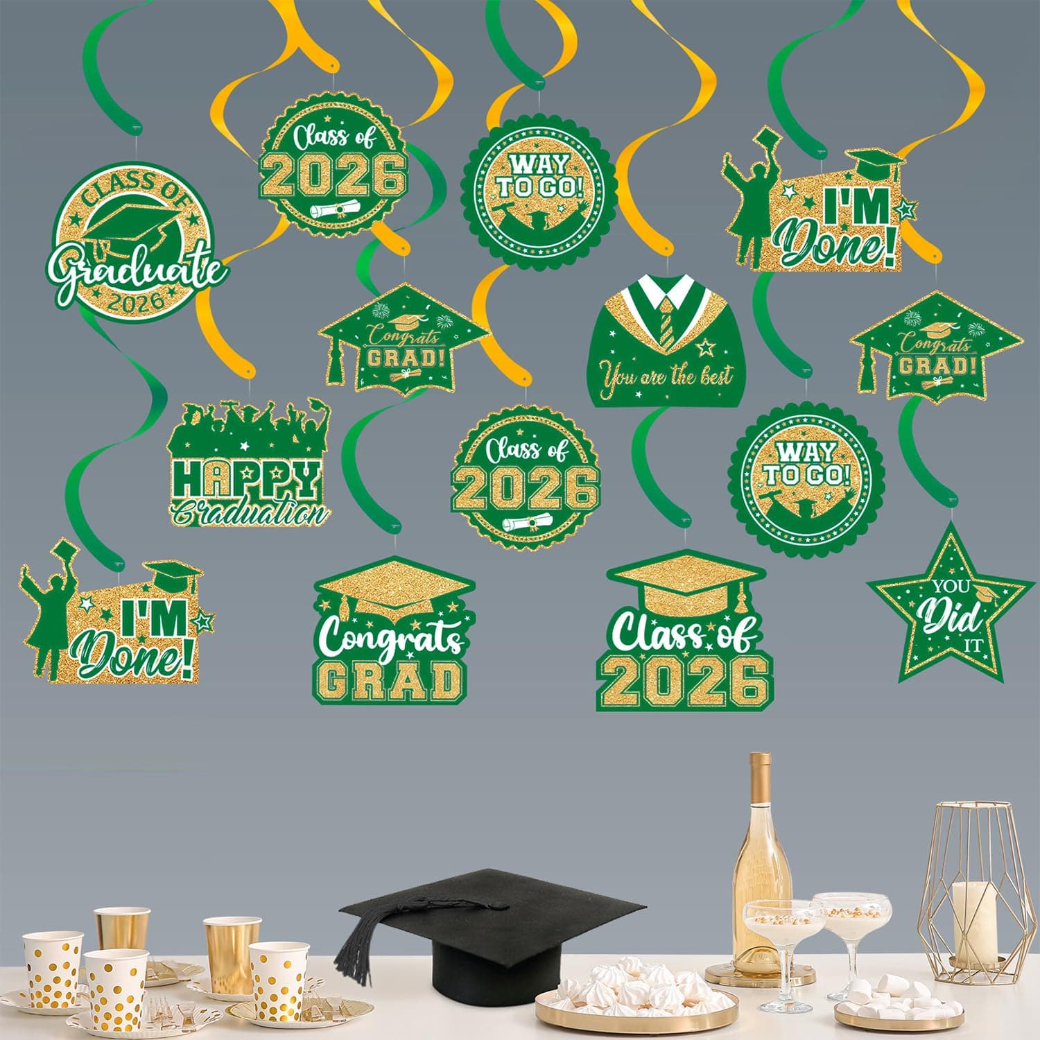 20 Pack Graduation Party Decorations 2026 - Congrats Grad Hanging Decoration, Green Gold Glittery Hanging Swirls Ceiling Streamers Ornaments for Class of 2026 Graduation Decorations Favors