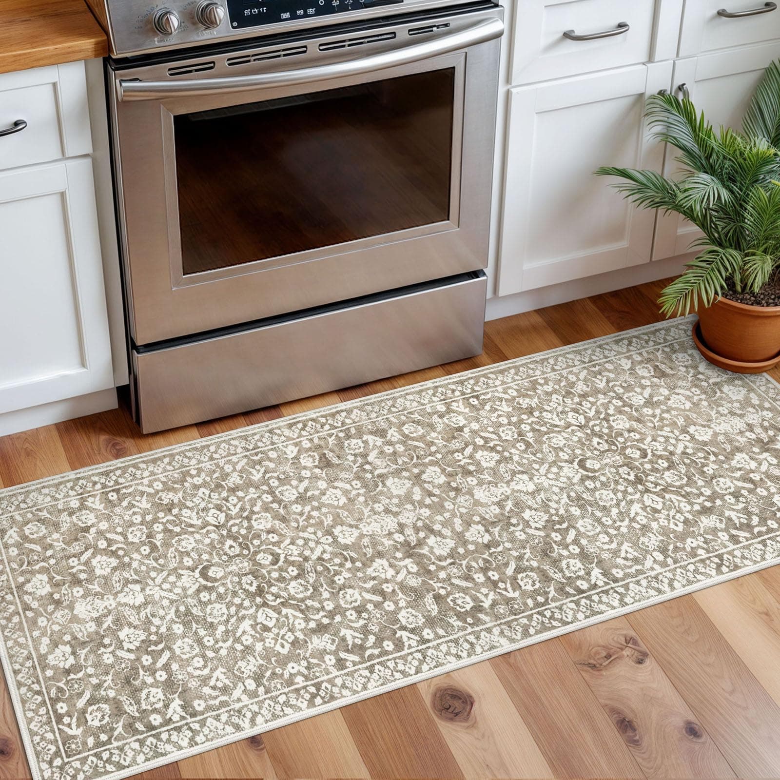 SILOLOOM Vintage Washable 2x5 Rug Runner, Beige Runners for hallways, Super Soft Neutral Kitchen Runner Rug Non Slip, Printed Faux Wool Floral Thin Carpet Runner for Entryway Laundry Room Bedroom