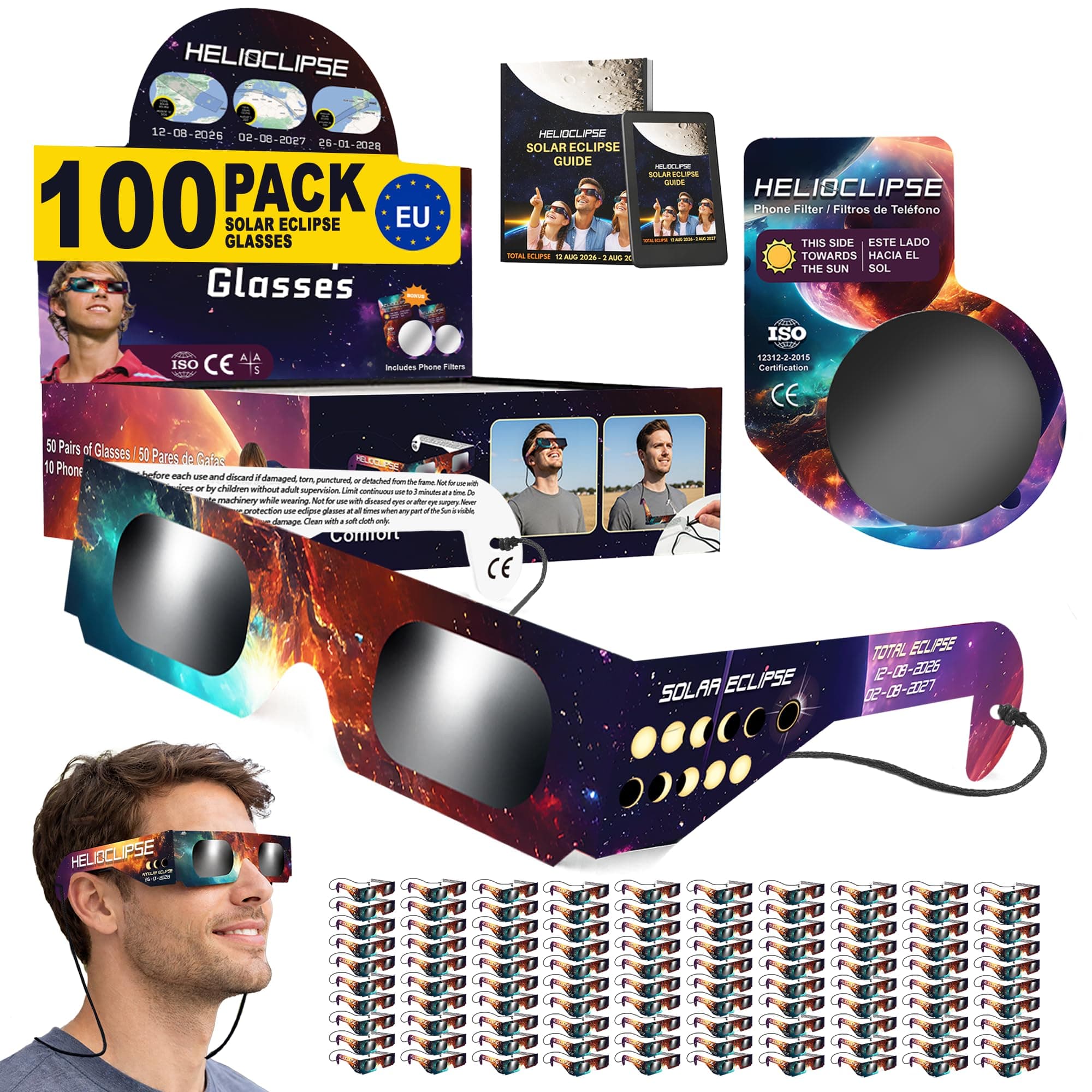Helioclipse 100 Pack Solar Eclipse Glasses 2026 ISO 12312-2 Certified - Eclipse Glasses Approved - Certified Solar Eclipse Glasses & 20x Phone Filter