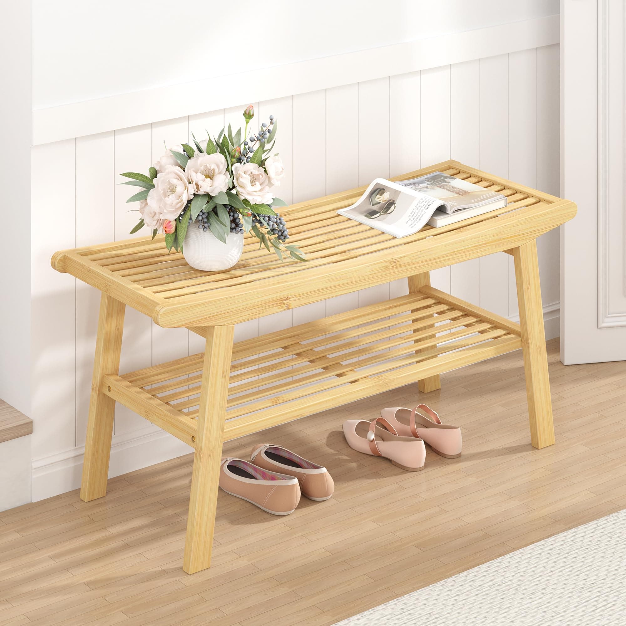 Bamboo Dining Bench Indoor Long Bench Sturdy & Comfortable Indoor Storage Bench Durable Slat Woven Design Modern Entryway Seating for Hallway (Nature, 2 Tiers)