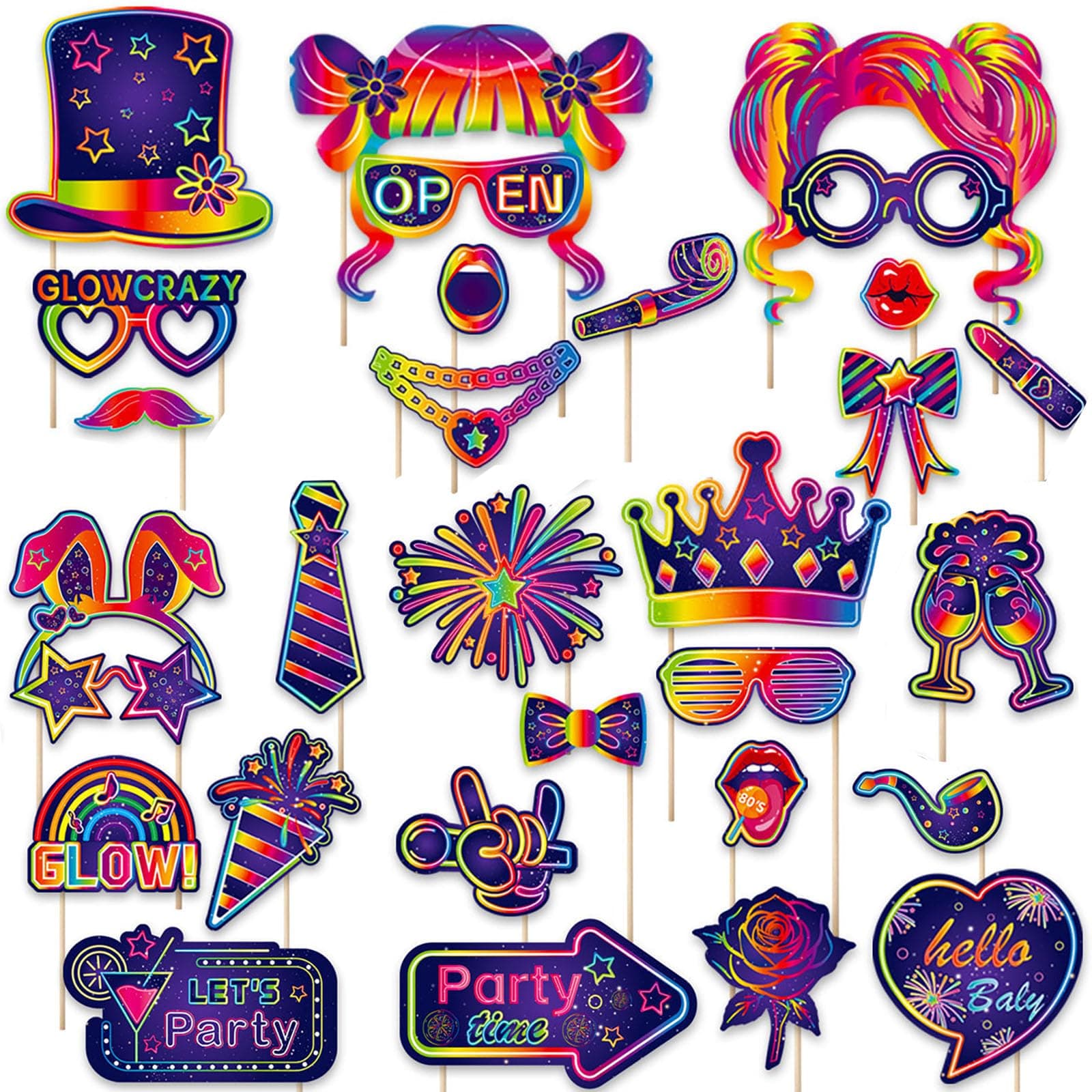 30PCS Glow Photo Booth Props, Funny Neon Photo Booth Props for Neon Party Accessories Let's Glow in The Dark Birthday Party Wedding Carnival