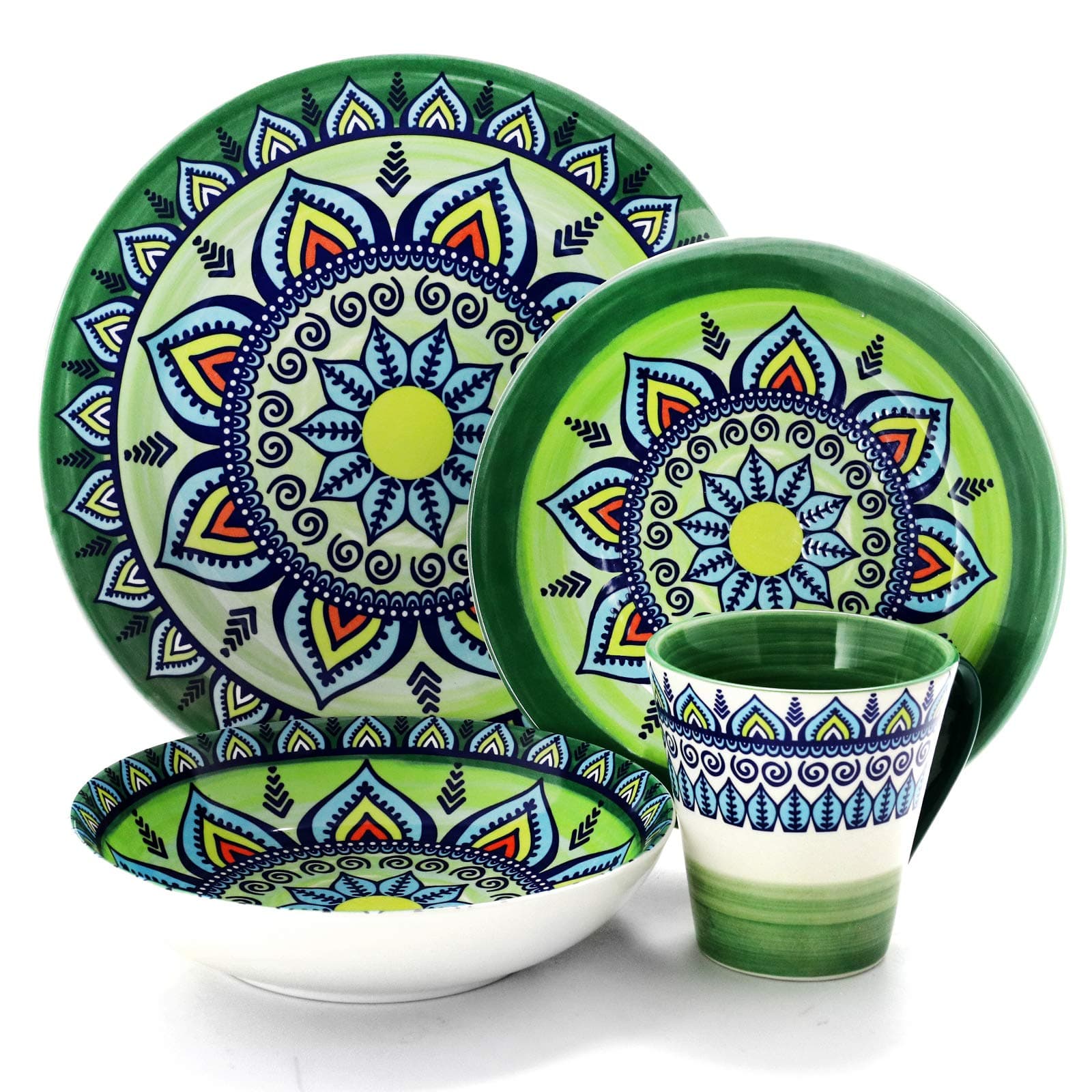 Elama Multicolored Round Stoneware Mandala Pattern Dinnerware Set, 16 Piece, Green