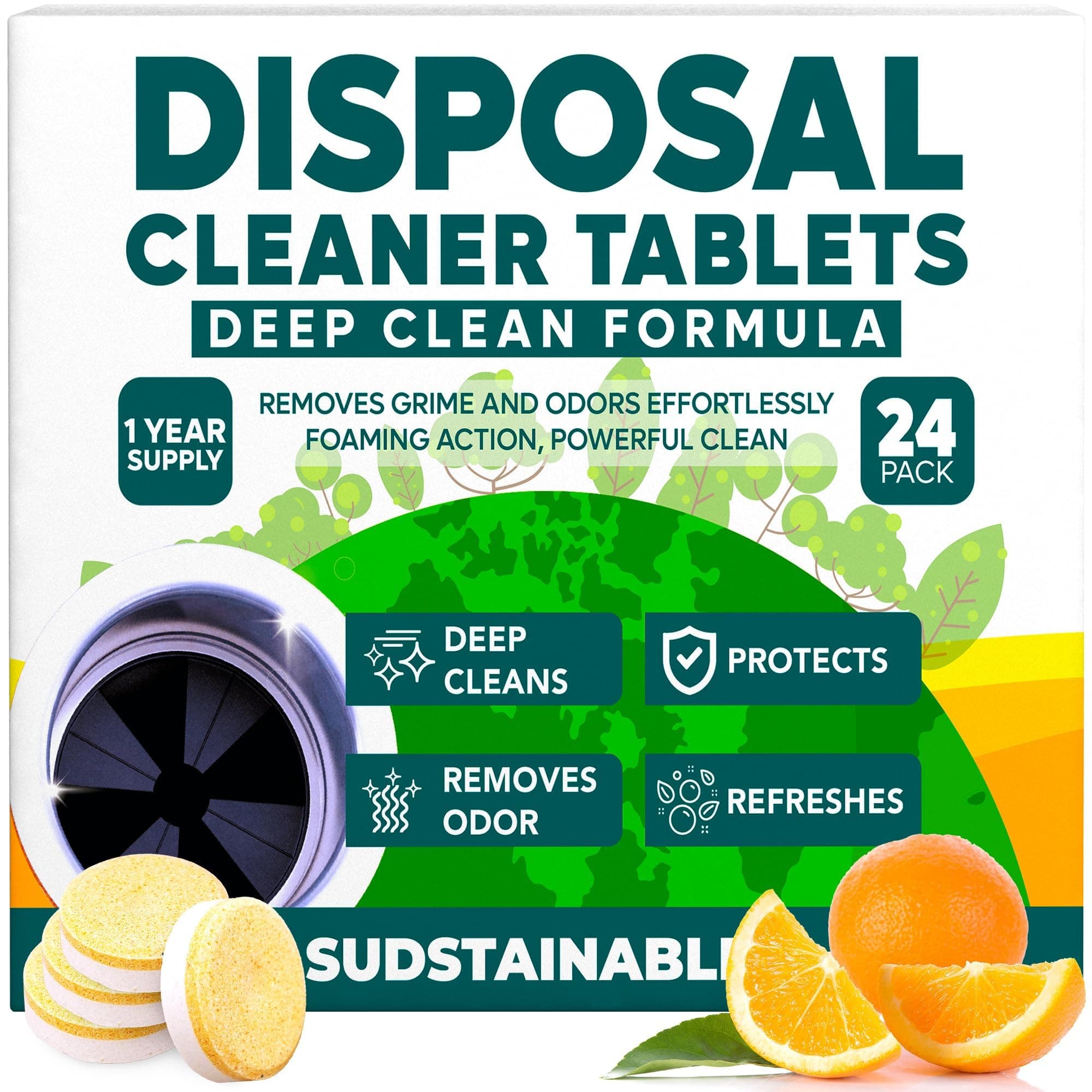 Sudstainables 24 Pack Trash Disposal Cleaning Pads - Sink Cleaner & Deodorizer, Scrubber & Deodorizer for Disposals, Cleaning Pads and Deodorizers