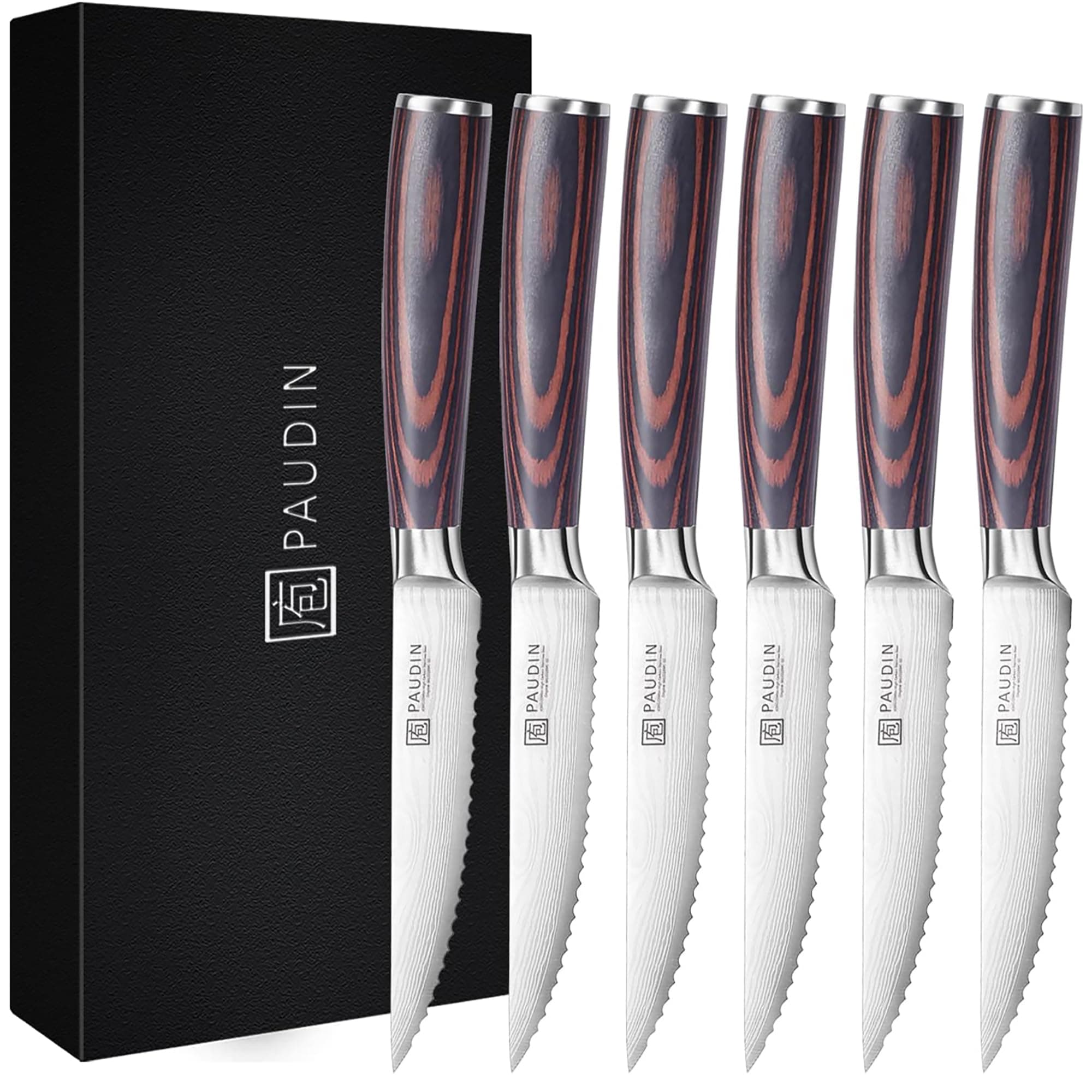 PAUDIN Steak Knives Set of 6, Kitchen Steak Knife 4.5 Inch, High Carbon Stainless Steel Steak Knives, Serrated Steak Knife with Pakkawood Handle, Dinner Knives with Gift Box