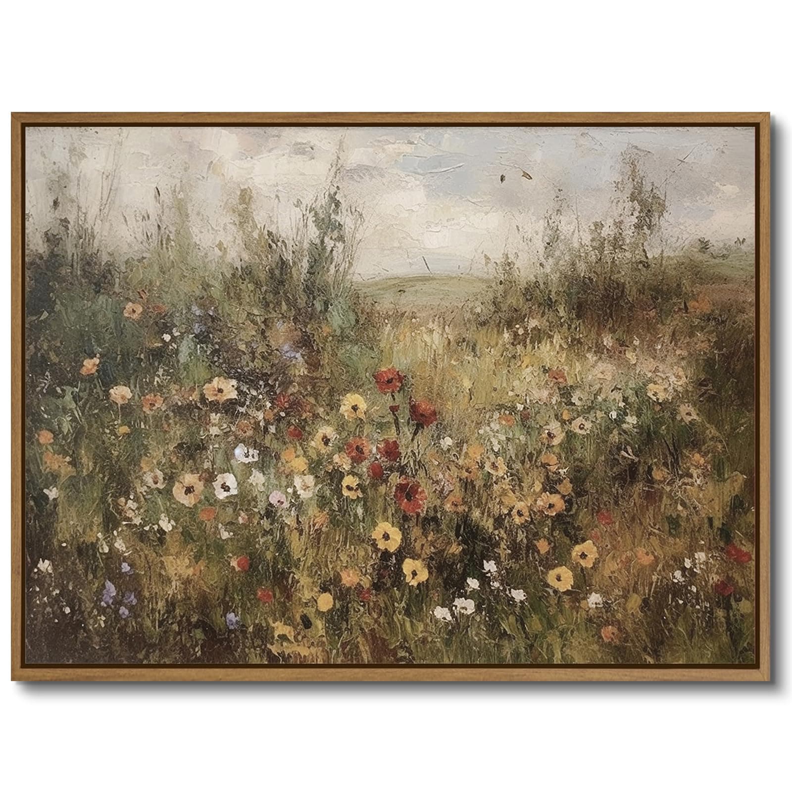 Framed Vintage Flower Wall Art Colorful Poppy Scenery Pictures Wall Decor Nature Wildflower Meadow Landscape Oil Painting Rustic Aesthetics Floral Poster for Farmhouse Kitchen Decoration - 12x16 Inch