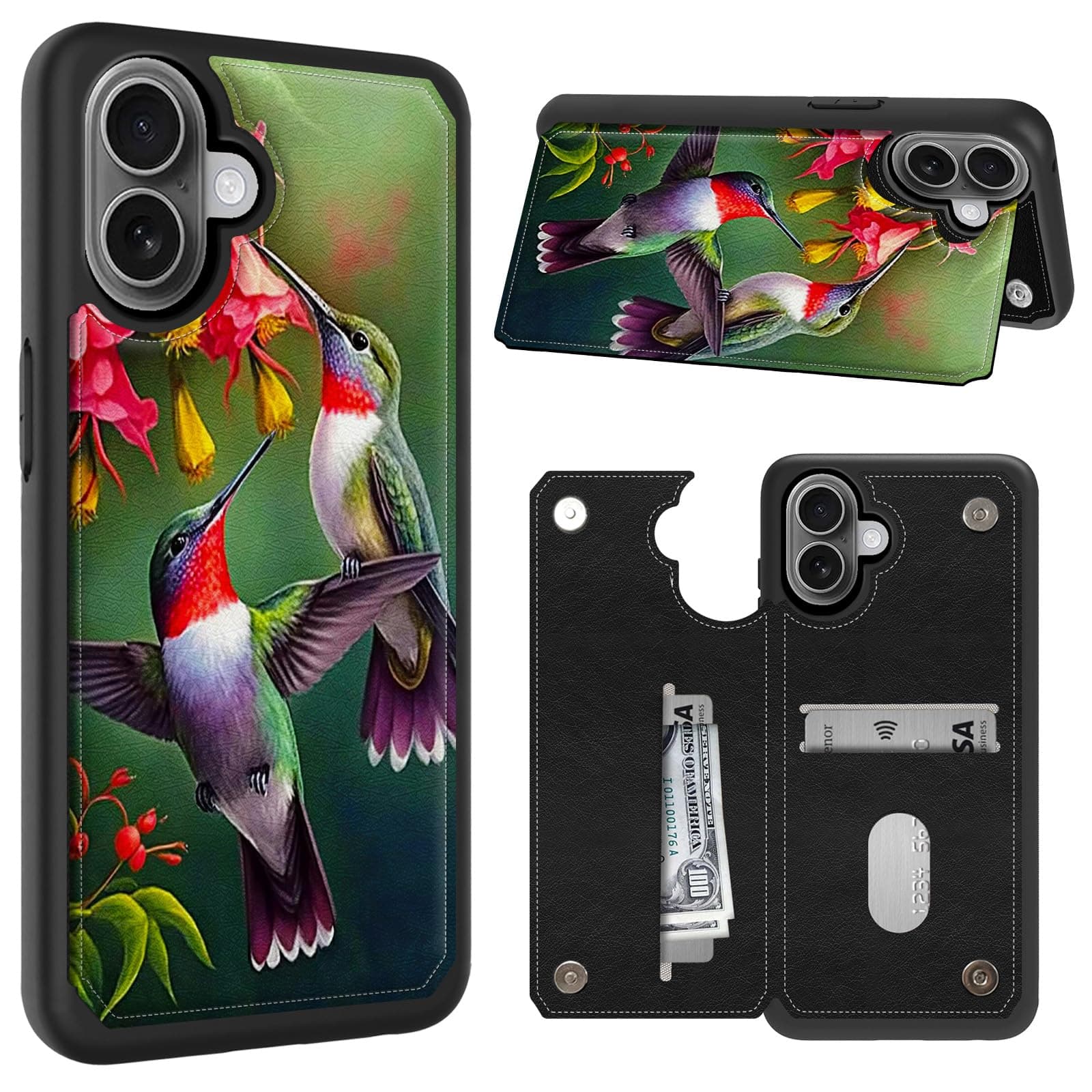 CGFGHHUY for iPhone 16 Plus Case Wallet Case with Card Slots & Kickstand PU Leather Cover Soft TPU Protective Phone Cover for iPhone 16 Plus 6.7 inch 2024 - Two Hummingbirds