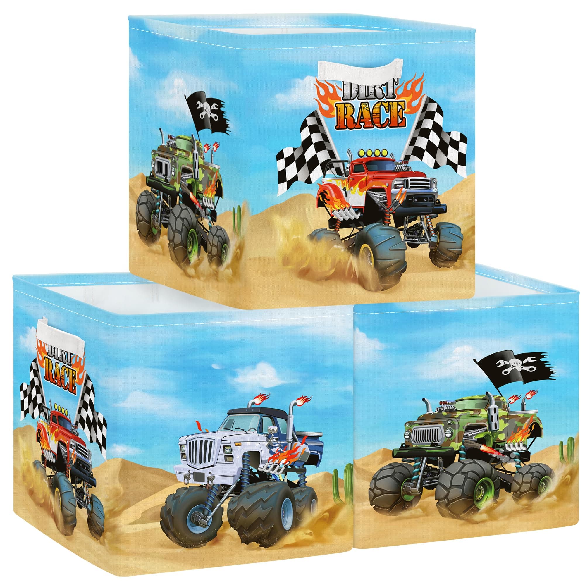 Clastyle Cars Kid Storage Cube Organizer Set Closet Clothes Cube Storage Bin Nursery Toddler Toy Box Chest Girl Boy Book Shelf Basket, Monster Truck, 11.8x11.8x11.8 in