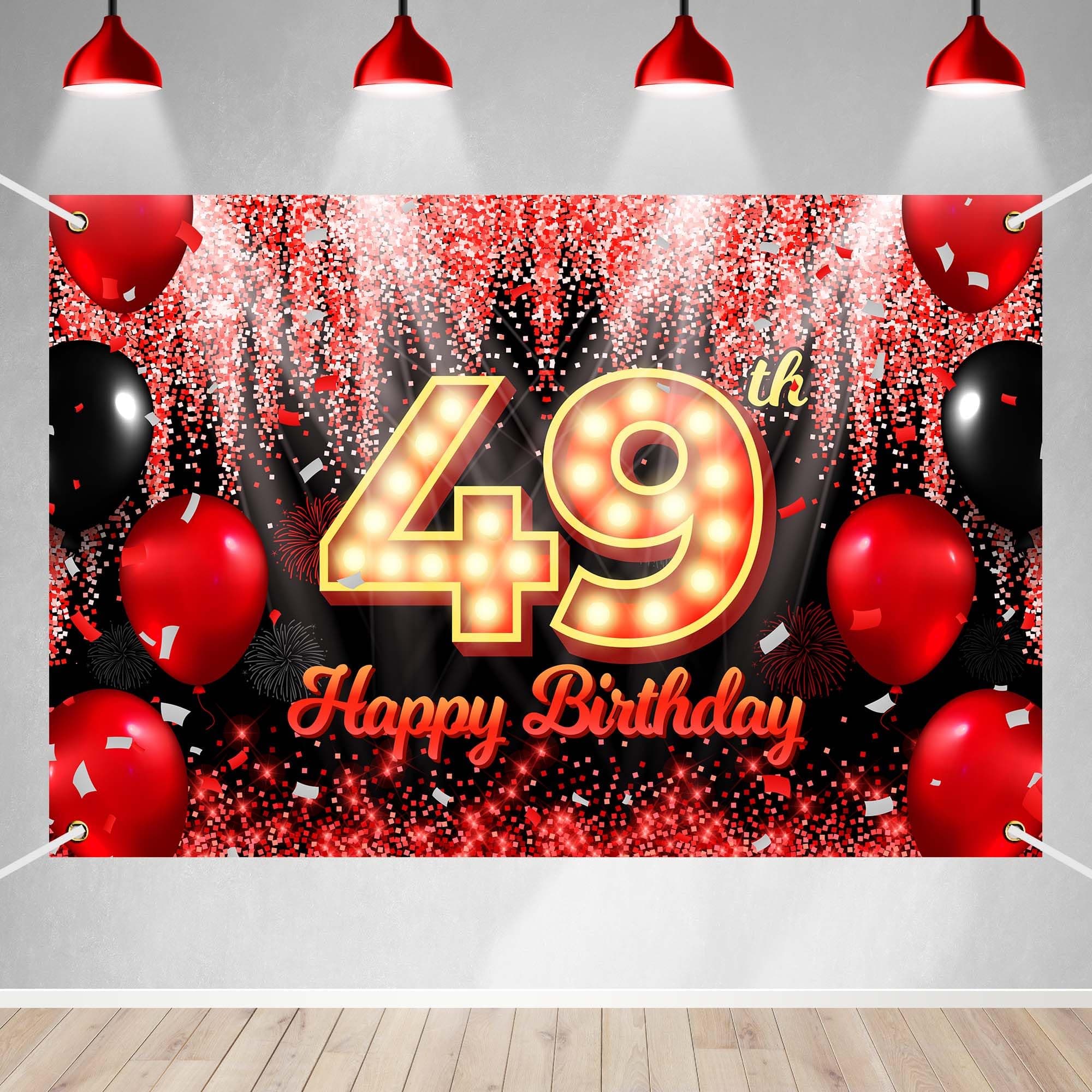 Happy 49th Birthday Backdrop Banner Black and Red Theme Background with Neon Shiny Fashion Birthday Party Photo Photography Prop Booth Background for Men Women Celebration 70.9x47.2in-BECKTEN
