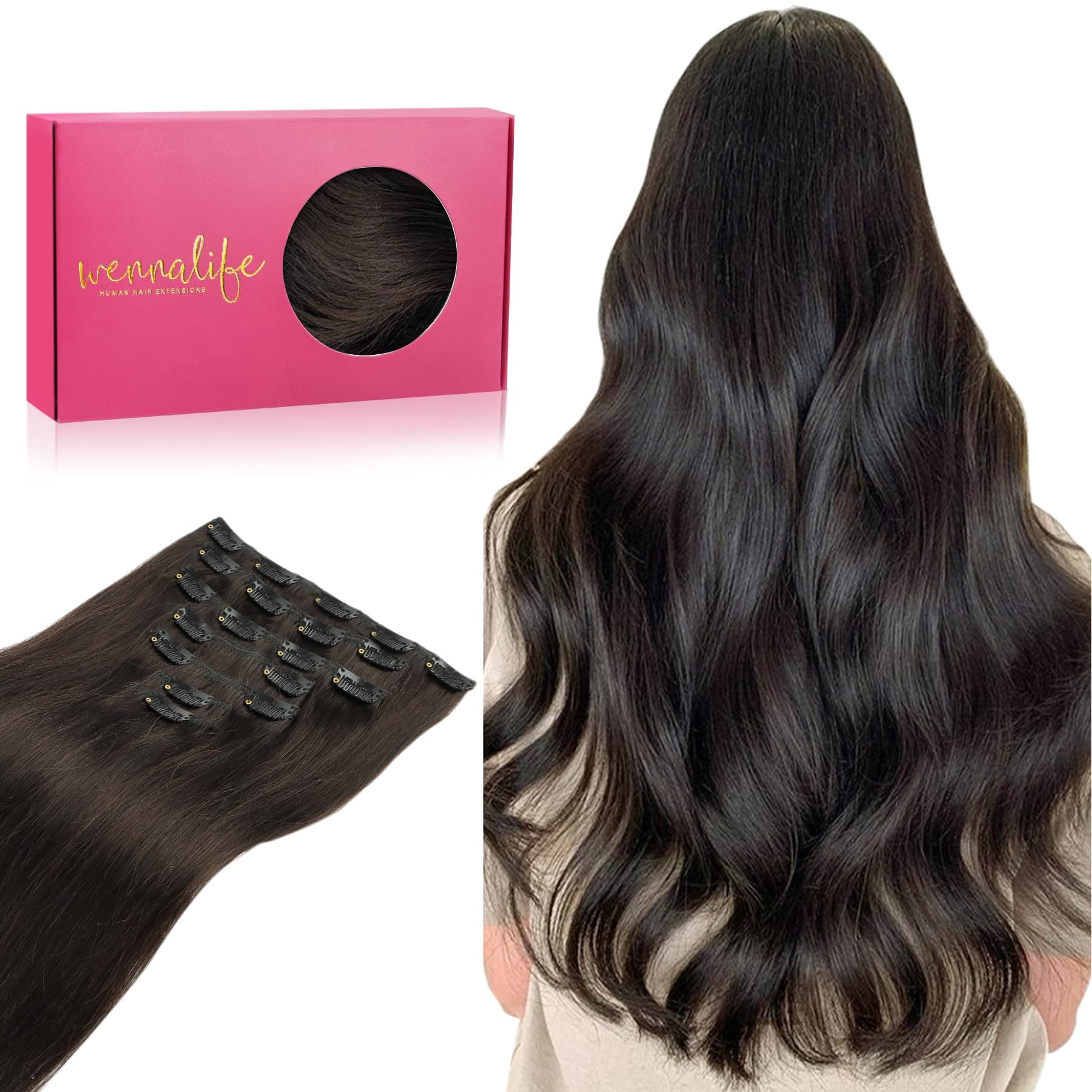WENNALIFE Clip in Hair Extensions Human Hair 22 Inch 120g 7pcs Dark Brown Hair Extensions Clip in for Women Real Human Hair Double Weft Rallonge Cheveux Humain Extension Real Hair Extensions