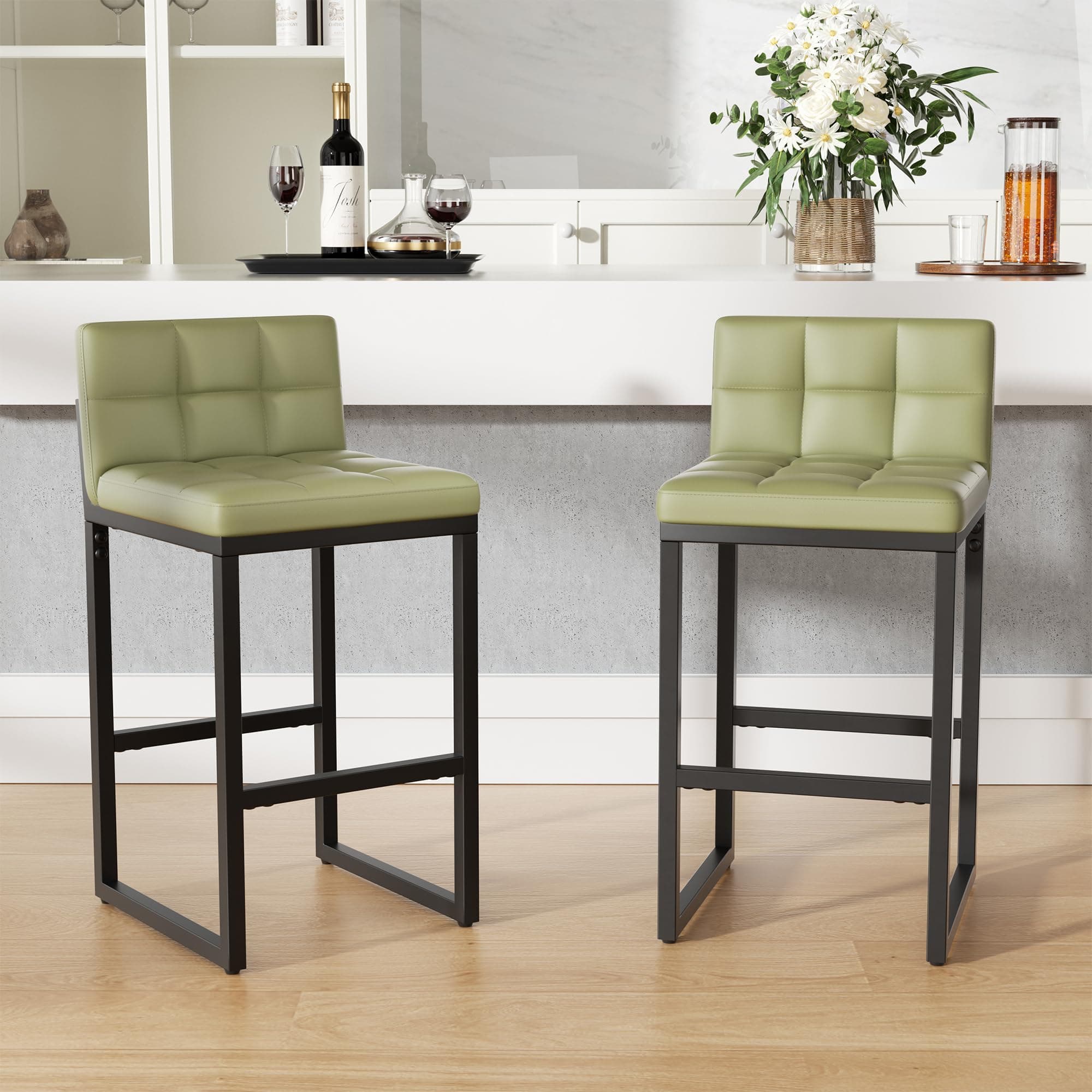 choairy 24" Bar Stools Set of 2, Modern Faux Leather Counter Height Bar Stools with Low Back and Footrest, Sturdy Thickened Metal Leg, Upholstered Kitchen Bar Chairs for Island, Green