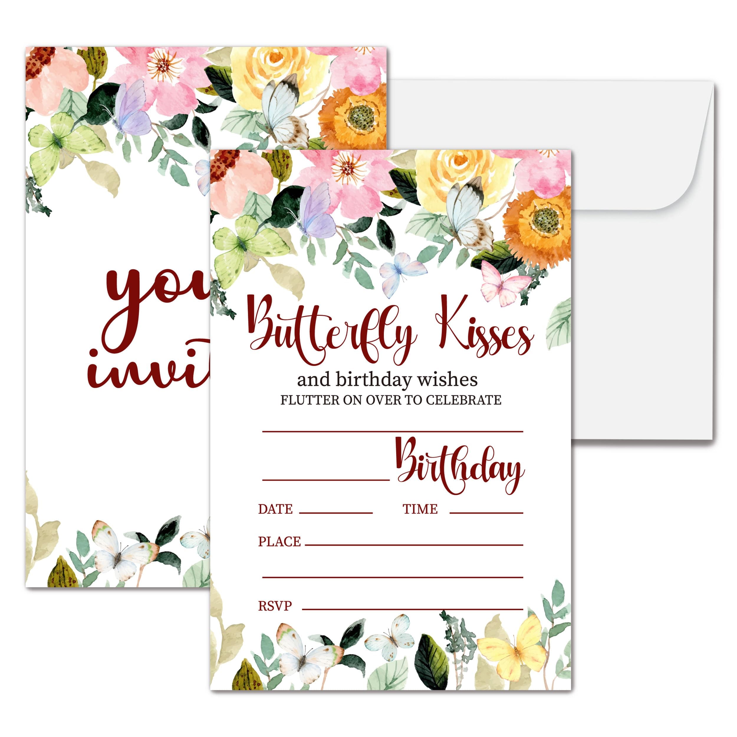 RYIGYWE Floral Butterfly Birthday Party Invitation Cards for Boys Girls, Modern Birthday Party Invite Cards Decorations and Supplies, 20 Double-Sided Fill in Invites with Envelopes (4x6) - A15