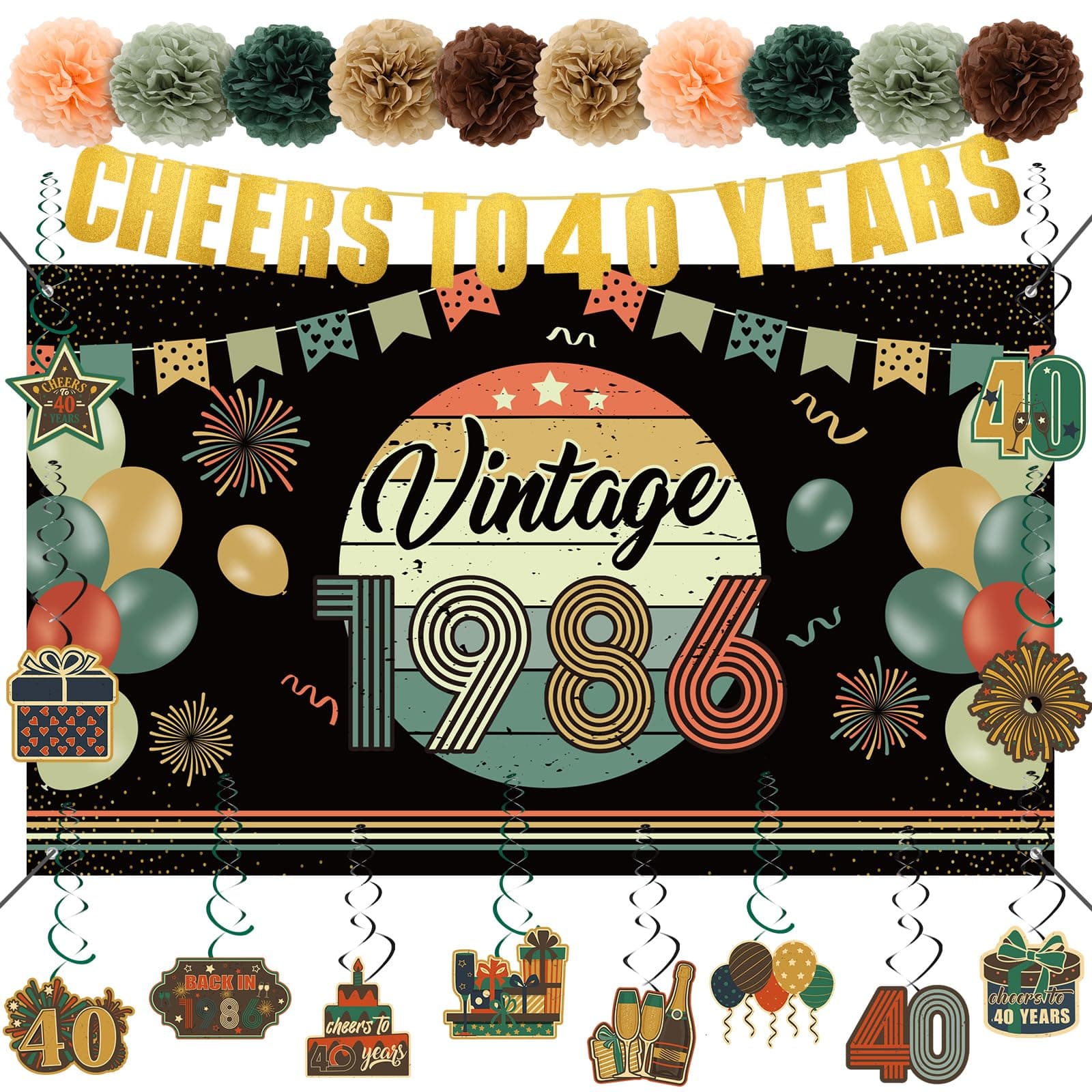 RoundFunny 24 Pcs Vintage 40th Birthday Decorations for Men Women 1986 Banner Decorations, Including Back in 1986 Backdrop, Cheers to 40 Years Banner, 12 Hanging Swirl, 10 Paper Poms