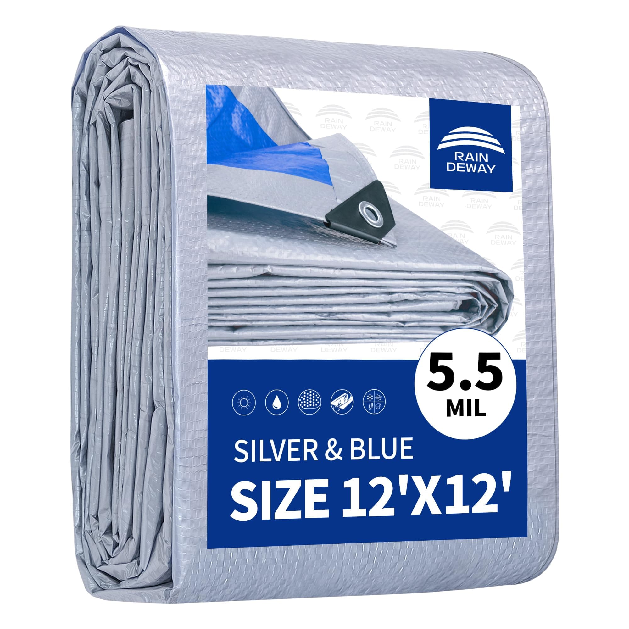RAINDEWAY Tarps 12x12 Feet 5.5 Mil Multipurpose Waterproof Poly Tarp Cover