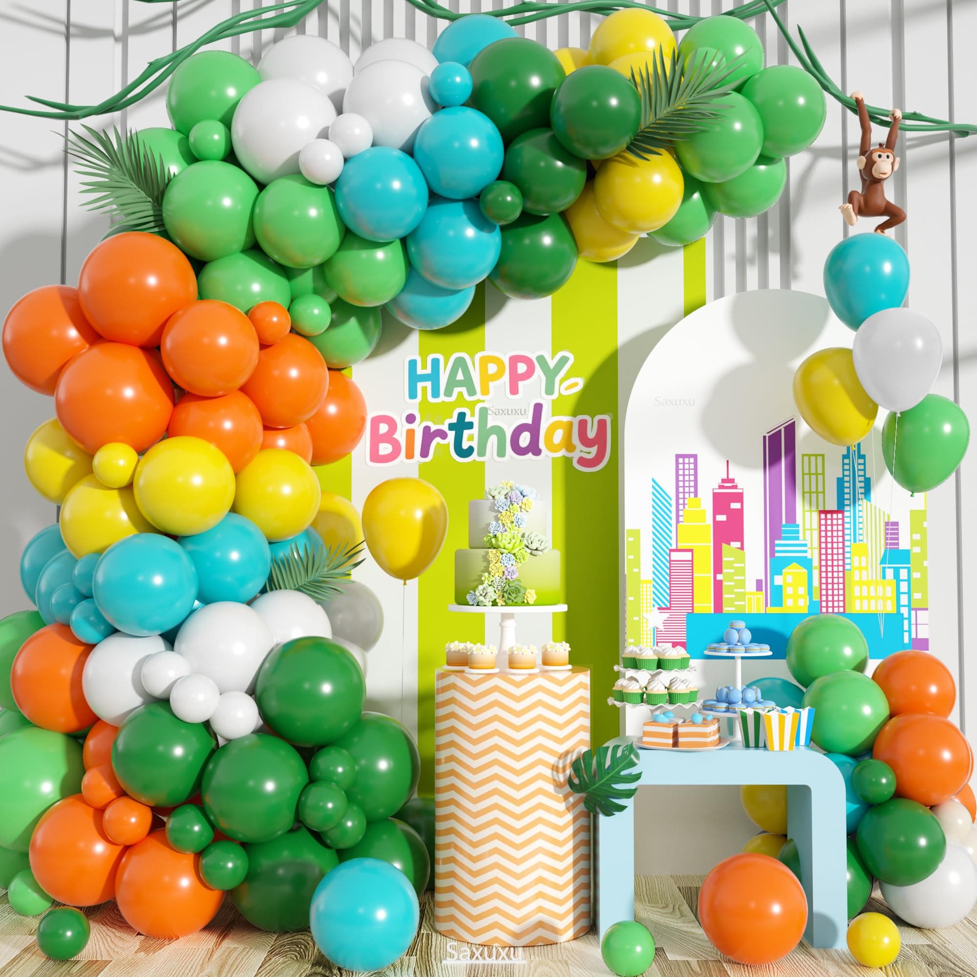 Colorful Balloon Belt Set, Green White Orange Balloons Garland Belt Set, Mate Teal Yellow White Light Green Balloons Birthday Baby Shower Cartoon Zoo Theme Party Wedding Bachelor