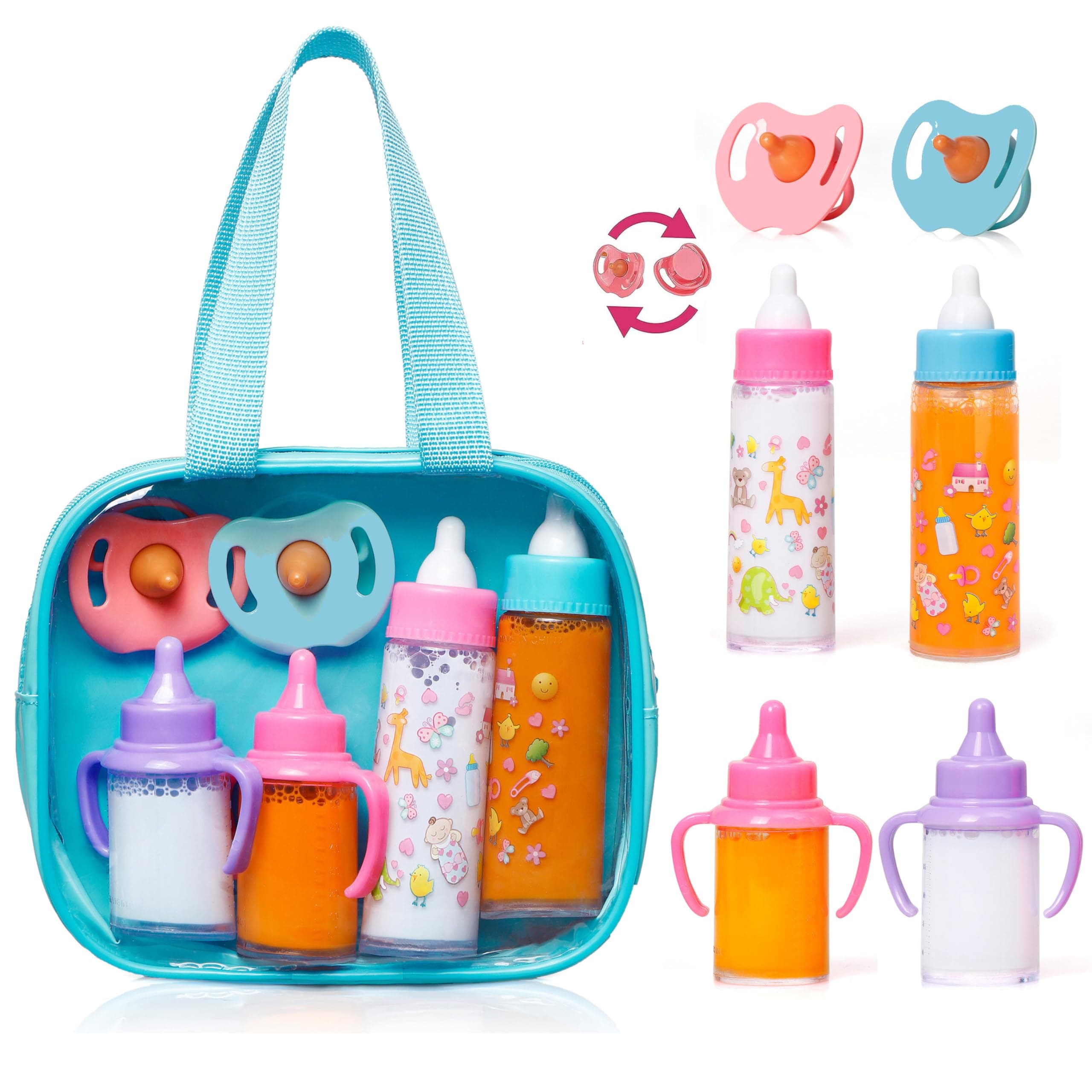 fash n kolor®, My Sweet Baby Disappearing Doll Feeding Set | Baby Care 6 Piece Doll Feeding Set for Toy Stroller | 2 Milk & Juice Bottles with 2 Toy Pacifier for Baby Doll (blue Bag)