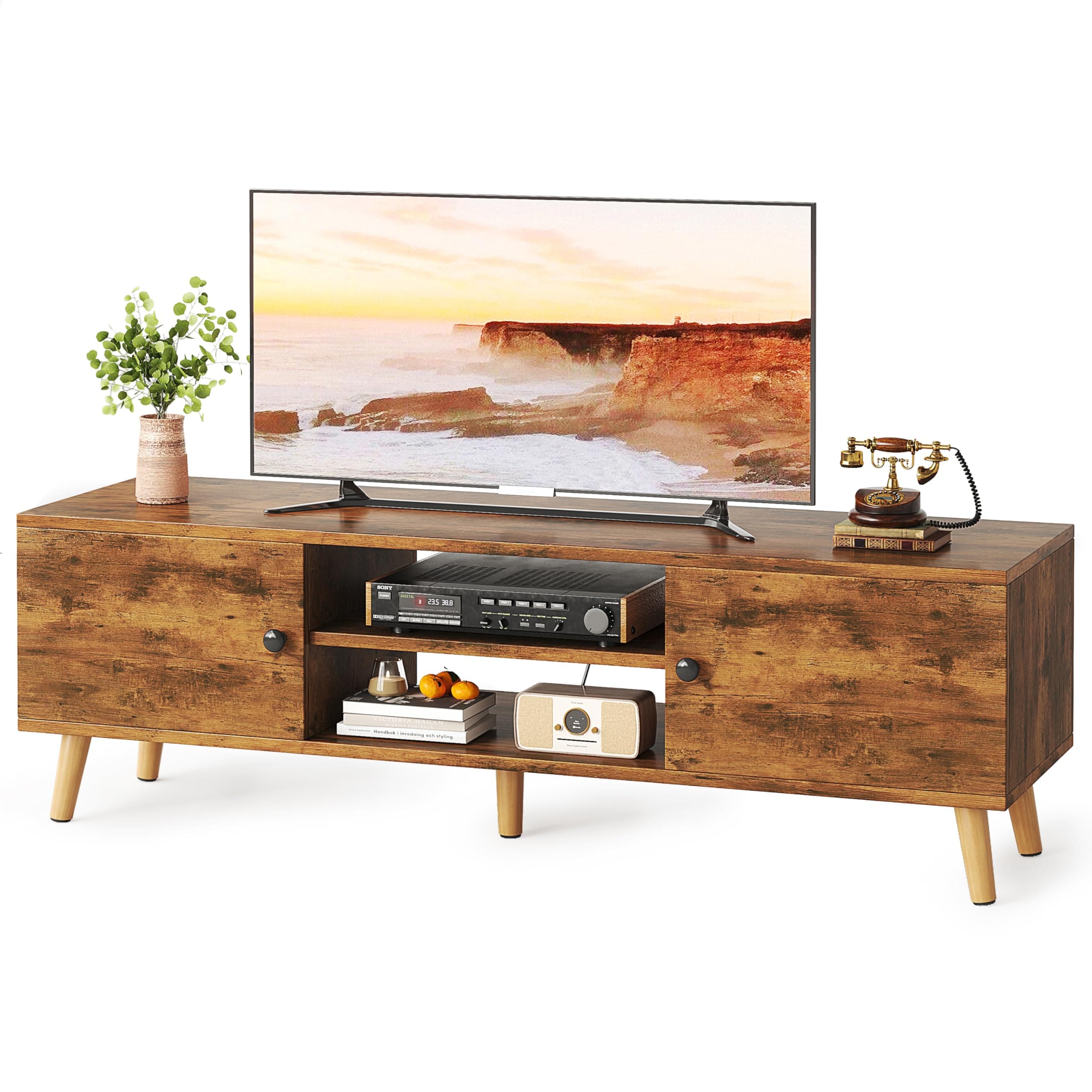 Mexin TV Stand for 55 60 Inch TV, Entertainment Center with Storage, TV Console Bench with 2 Cabinets 4 Cord Holes for Living Room Bedroom - Rustic Brown