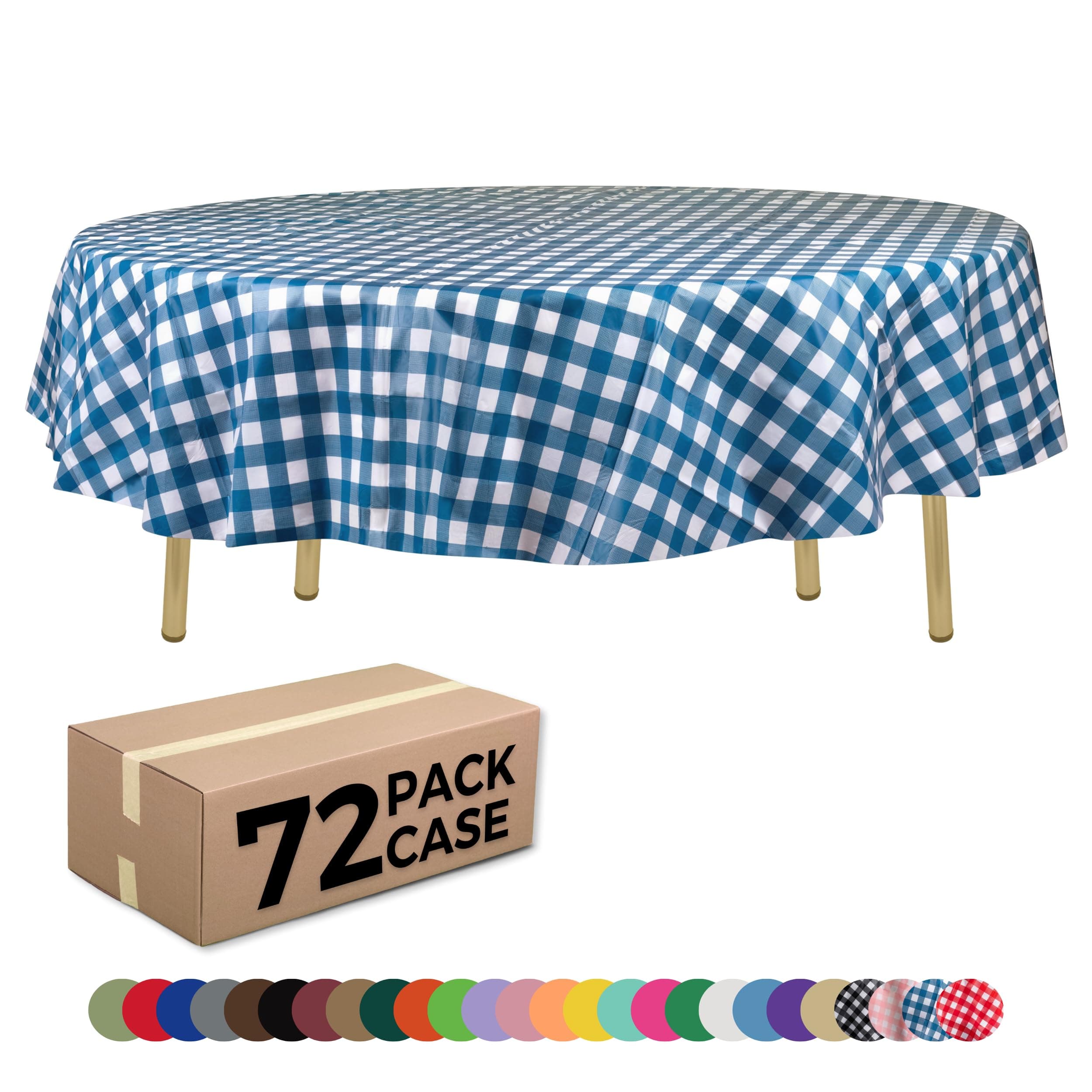 ZIMPLEWARE Blue Gingham Checkered 12 Pack Standard Disposable Plastic Party Picnic Tablecloth 84 Inch. x 84 Inch. Round Table Cover
