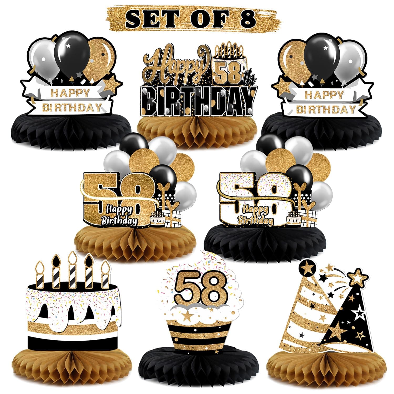 LINGTEER Happy 58th Birthday Decorations,8 Pcs Black & Gold Table Topper Centerpieces Set - Cheers to 58 Years Old Quick Birthday Party Decorations Gift Sign.