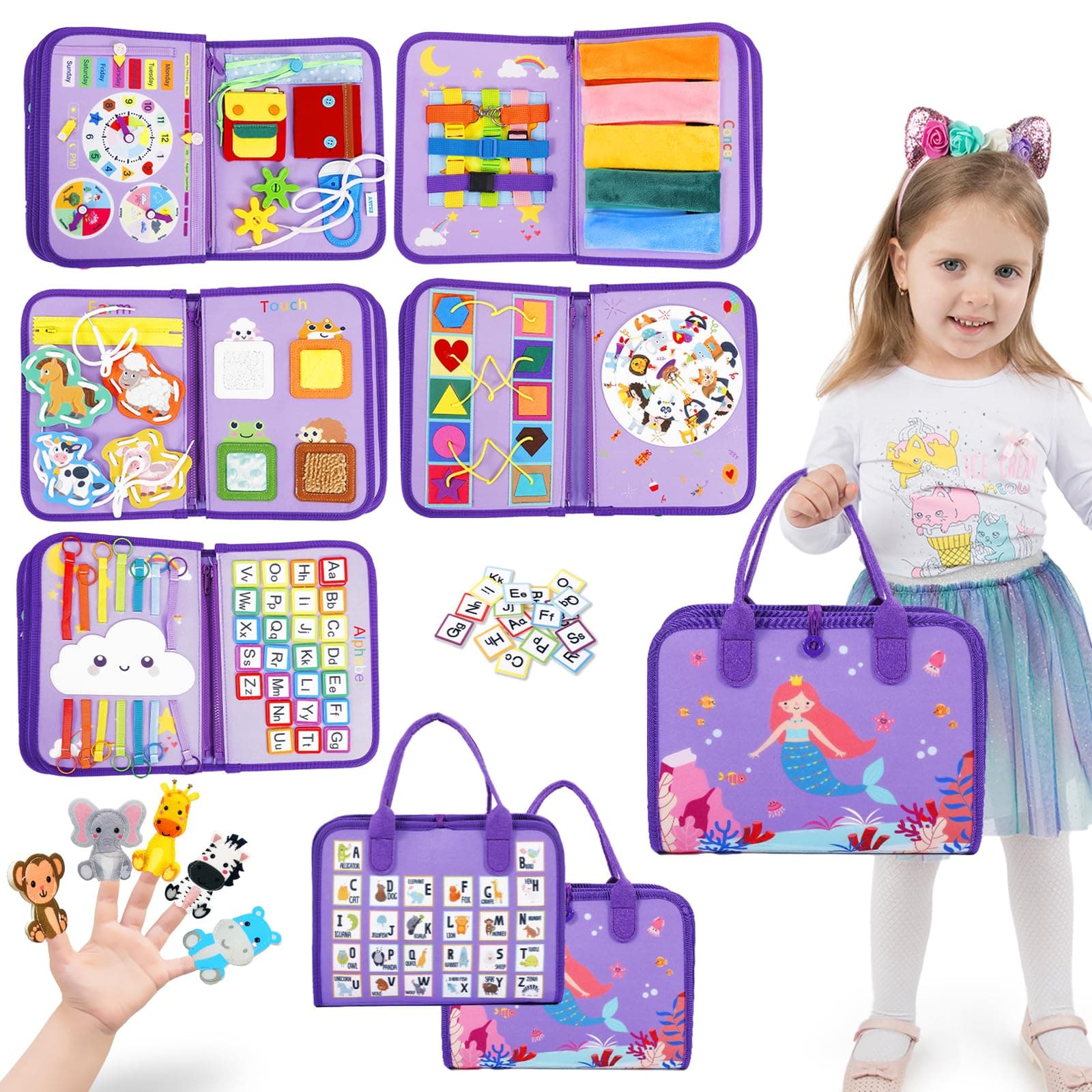 Toddler Busy Board, Montessori Toys for Girls, Sensory Activity Book Toy for Fine Motor Skills Learning, Birthday Gifts for Girls Toddlers, Toys for Travel Airplane Car(Purple Multiplepages)