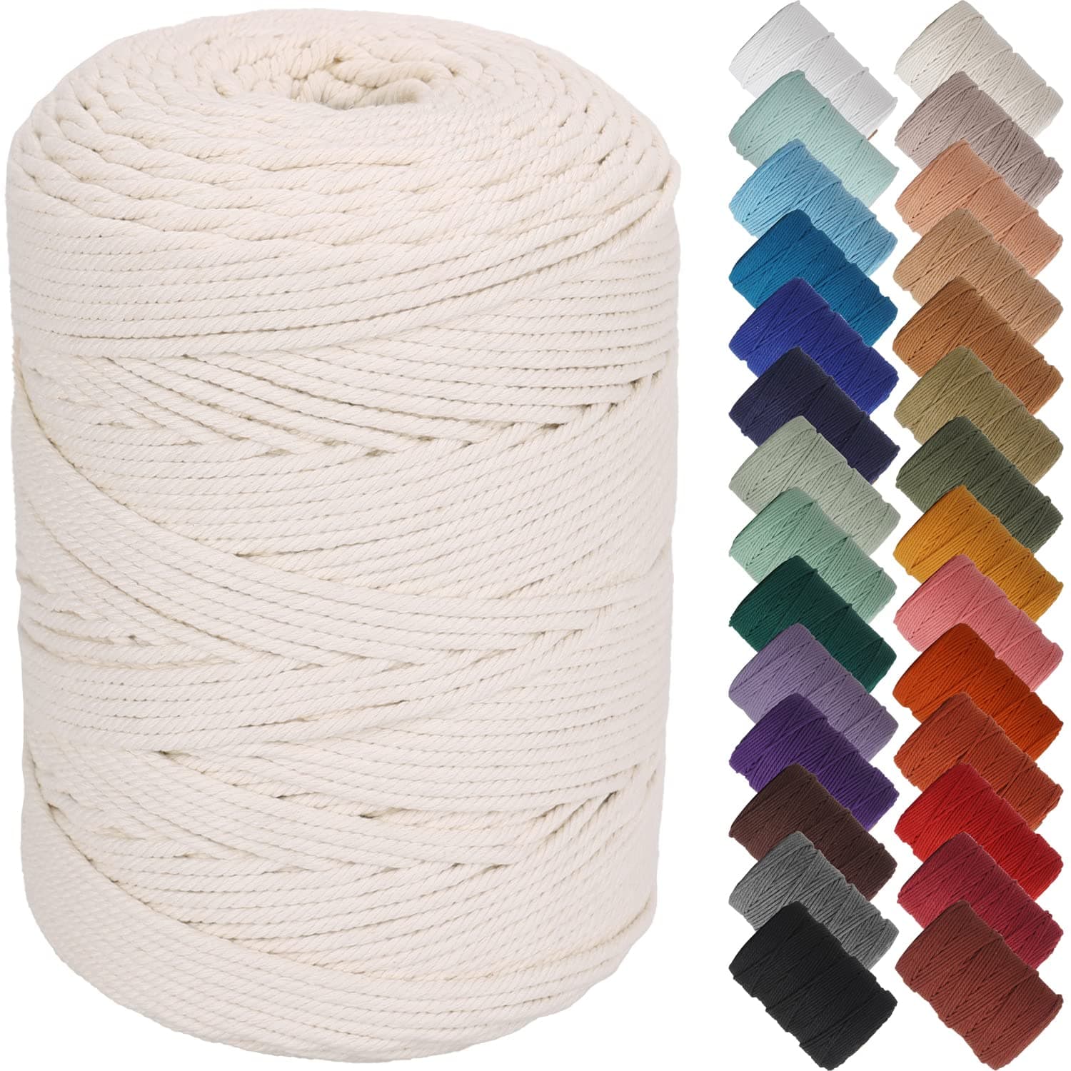 NOANTA Natural Color Macrame Cord 3mm x 328yards, Colored Macrame Rope, 4 Strand Twisted Cotton Rope Macrame Yarn, Colorful Cotton Craft Cord for Wall Hanging, Plant Hangers, Crafts, Knitting