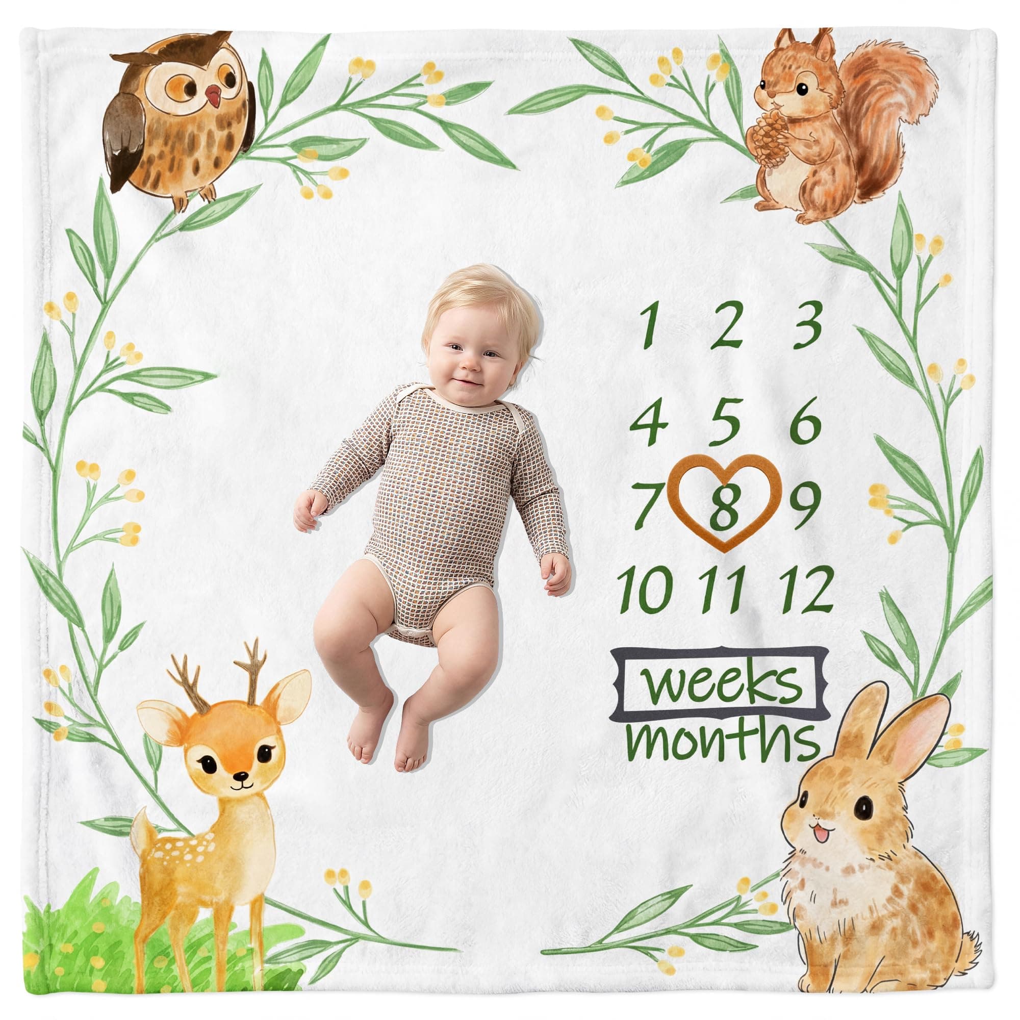 Warmther Baby Monthly Milestone Blanket, 46"x46" Premium Fleece Photo Backdrop, Weeks & Months Growth Tracker, Watercolor Woodland Animals for Baby Boy or Girl