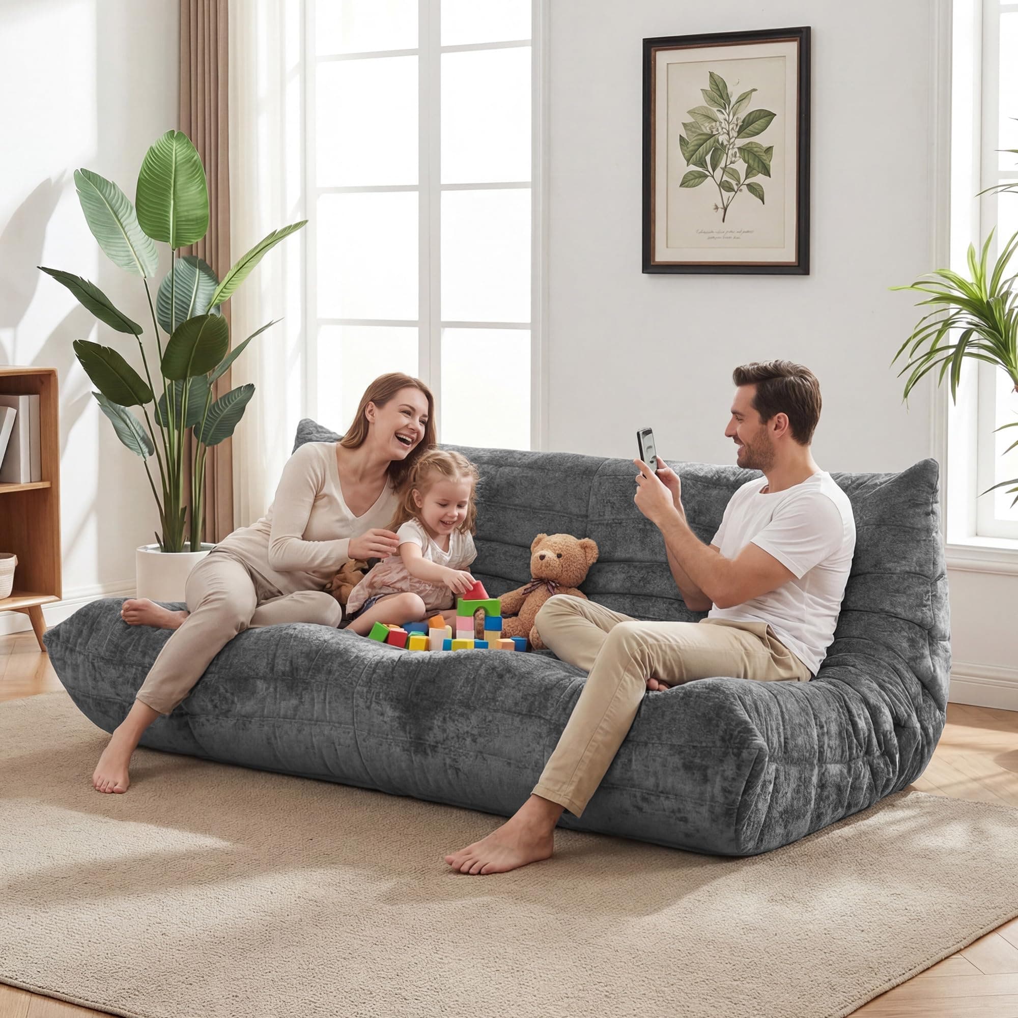No Assembly Lounge Boneless Floor Sofa & Frameless Loveseat Bean Bag Couch