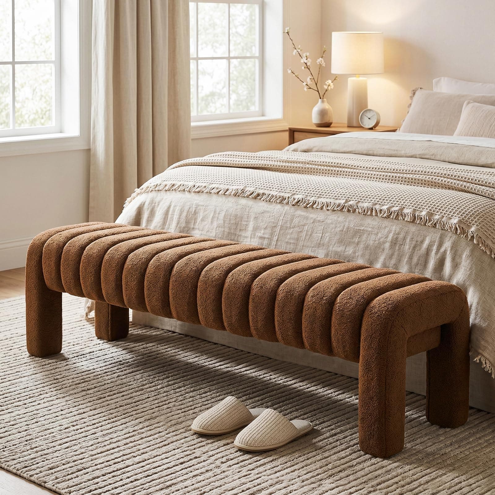 JIRAIN 63’’ End of Bed Bench, Modern Boucle Entryway Bench, Upholstered Ottoman Stool with Extra Length, Full Coverage Fabrics, Ottoman for Bedroom, Living Room, Dining Room, Burnt Orange