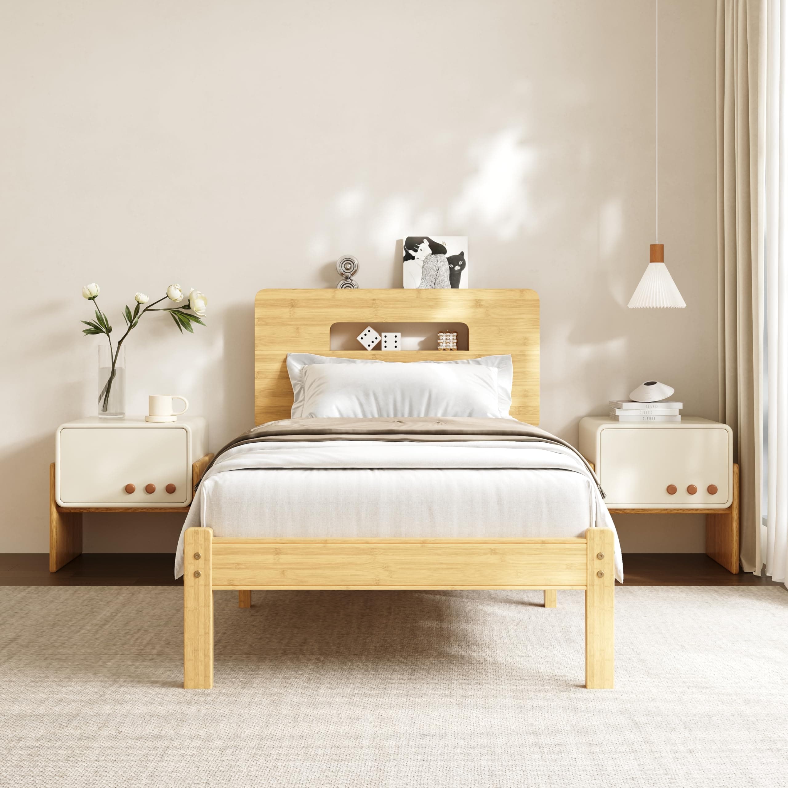 COMASACH 14 Inch High Bamboo Wood Twin Bed Frame with Storage Headboard, Solid Twin Platform Bed Frame, Metal Slats Support, Heavy Duty, No Box Spring Needed