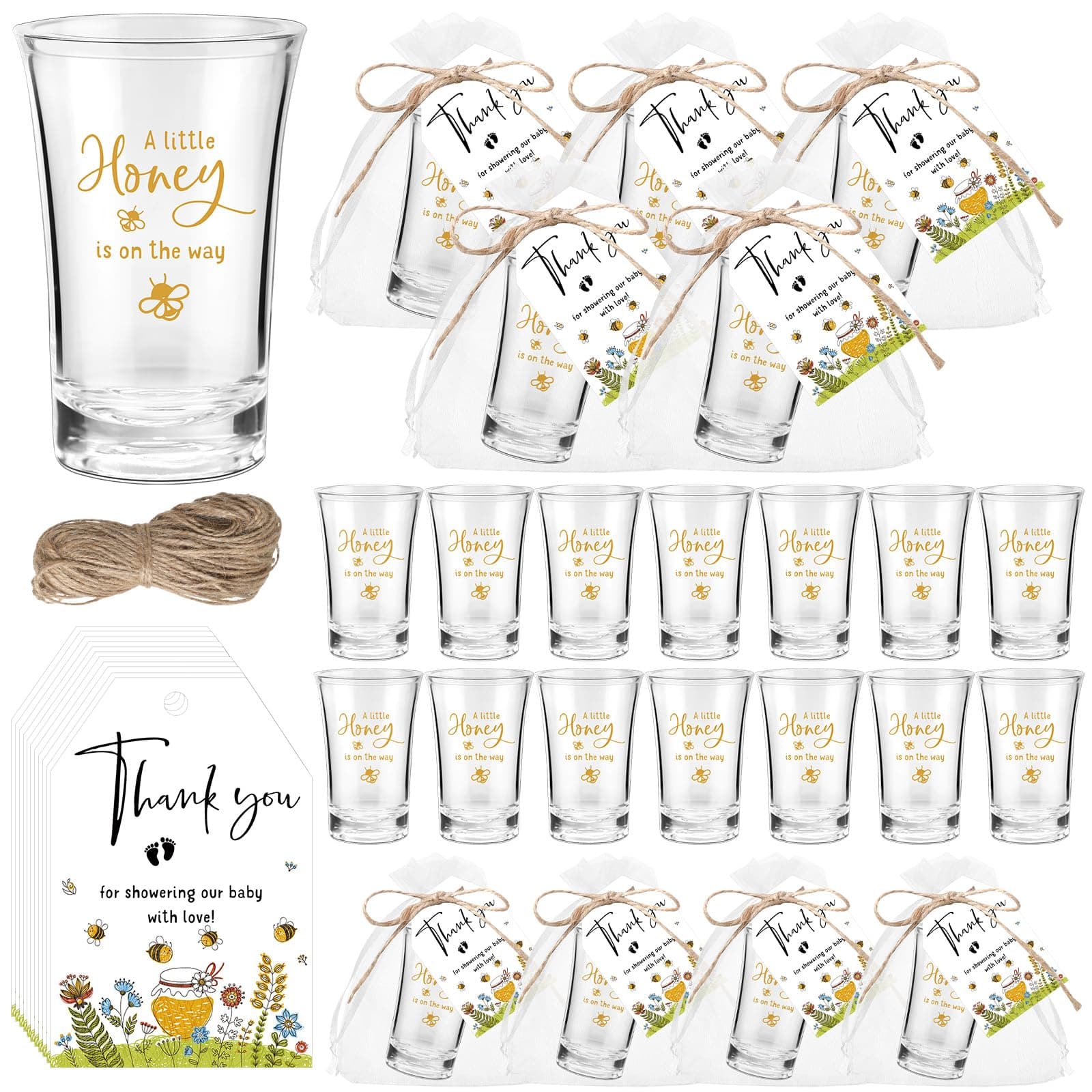 Pickmesh Baby Shower Shot Glasses & Thank You Cards - Pink & Blue Organza Gift (Bee Theme) 50 Pack