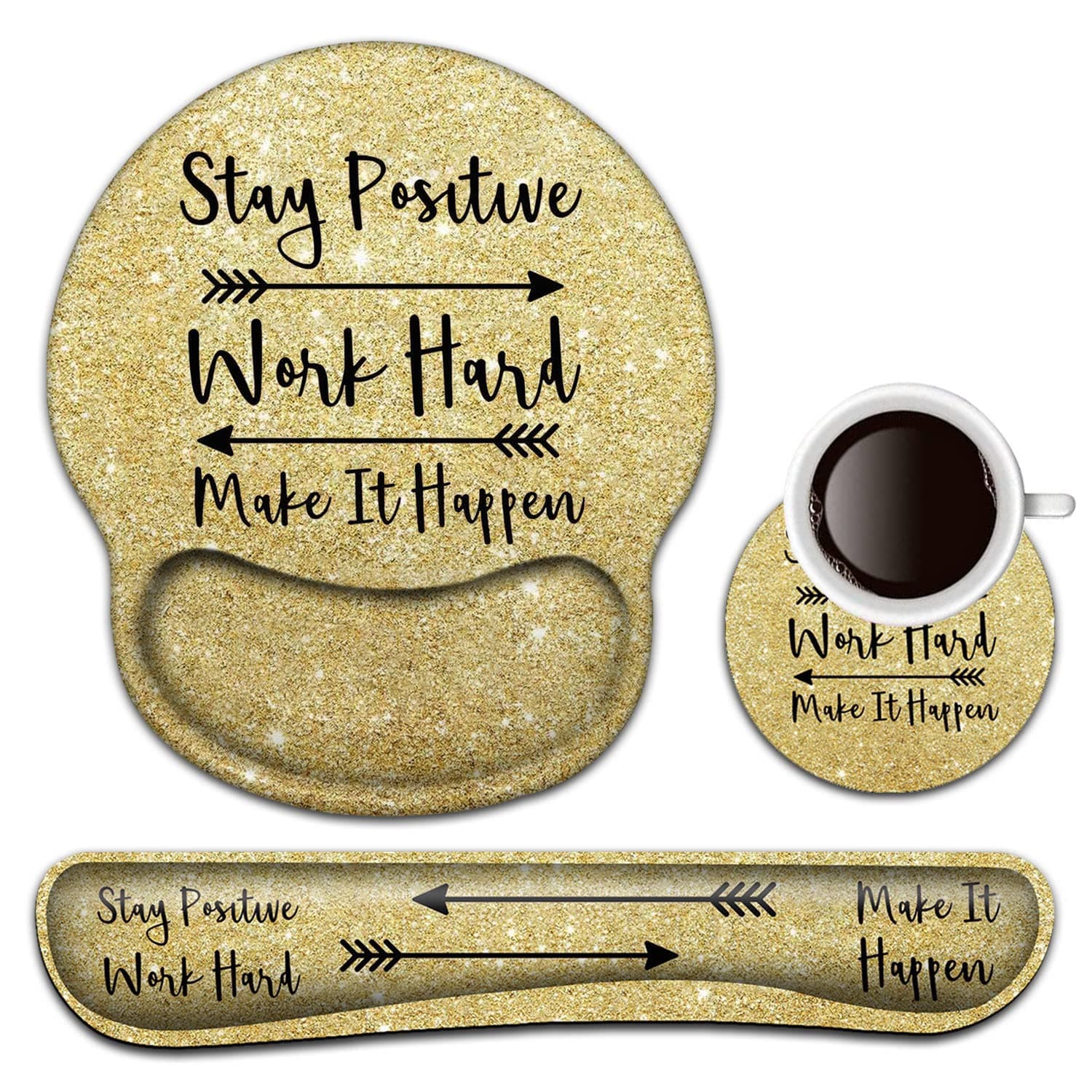 Keyboard Wrist Rest and Mouse Pad with Wrist Support, Ergonomic Gel Mouse Pad Coaster, Easy Typing Pain Relief,Keyboard Mousepad Set,Stay Positive Work Hard and Make It Happen Gold Glitter