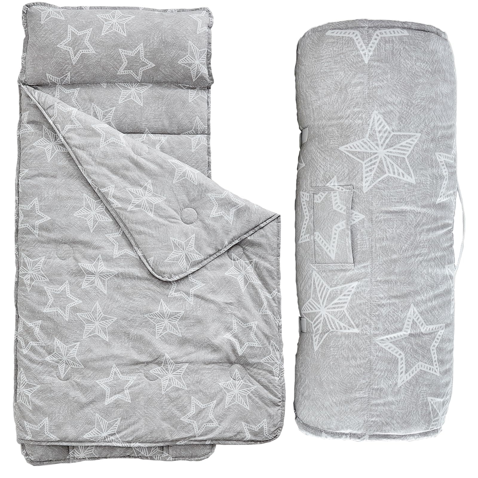 Toddler Nap Mat with Pillow and Blanket,Soft Slumber Bags for Boys,Kids Sleeping Bags with Roll Up Design,Gray Star Nap Mats for Preschool,Daycare,Kindergarten,Fits Ages 3-6 Years-Star