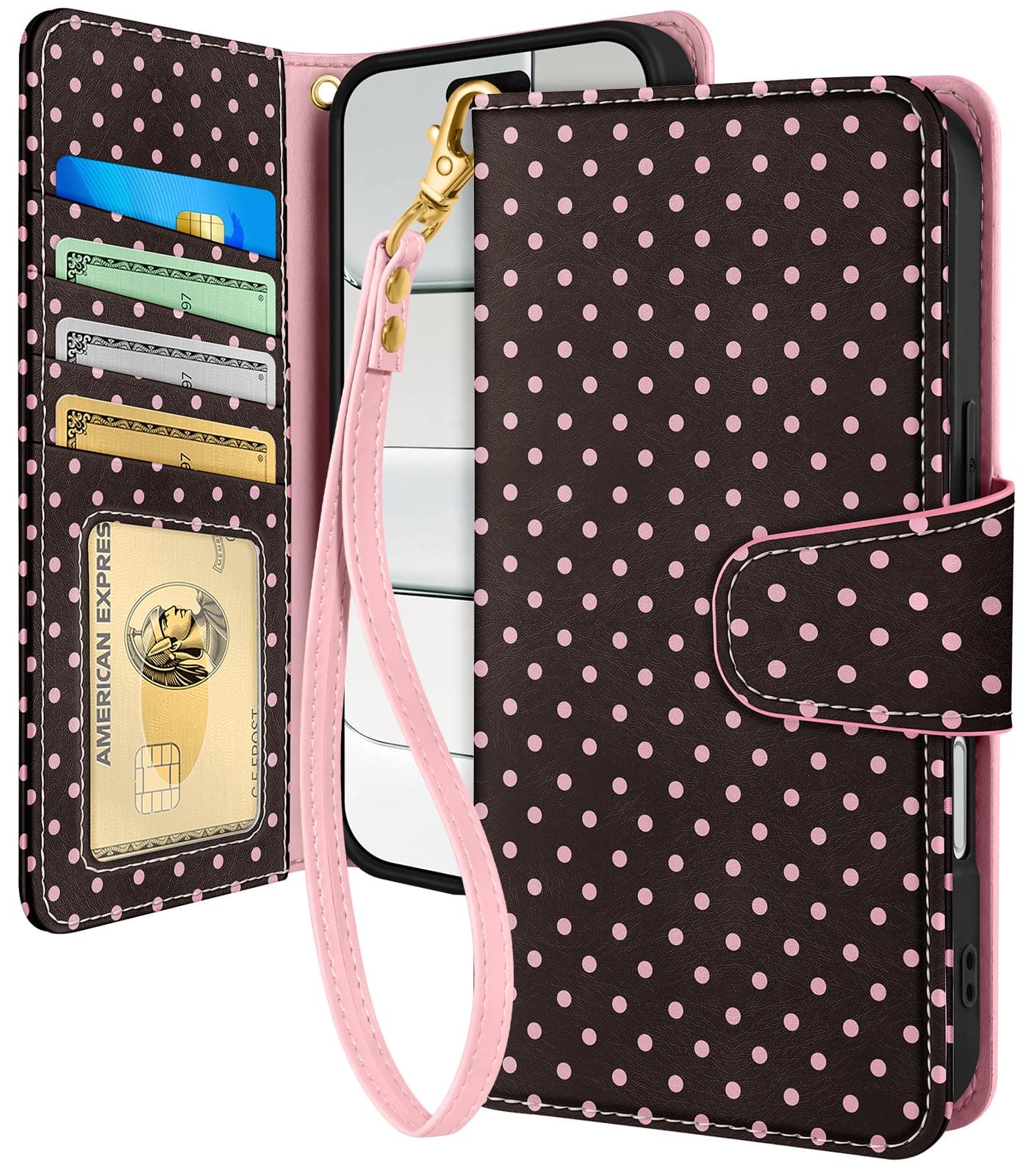 Toycamp for iPhone 17 Air Wallet Case with Wrist Strap - Leather Flip Folio Phone Case with RFID Blocking 4 Card Holder for Apple for iPhone 17 Air Funda Cute Aesthetic for Women Ladies, Brown Polka