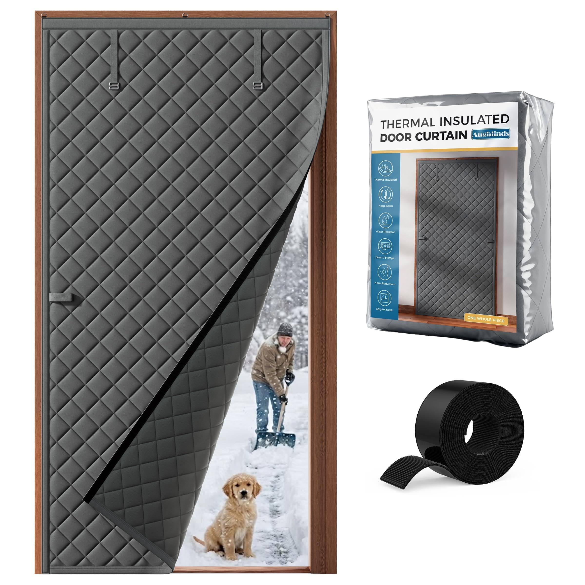 augblinds Thermal Insulated Door Curtain Fits Door Size 38 x 83 Inch, Oxford Cloth Thicken Cotton Fiber Filled, Curtain Size 41" x 85", Single Piece Screen Insulation Cover to Keep Cool/Warm, Grey