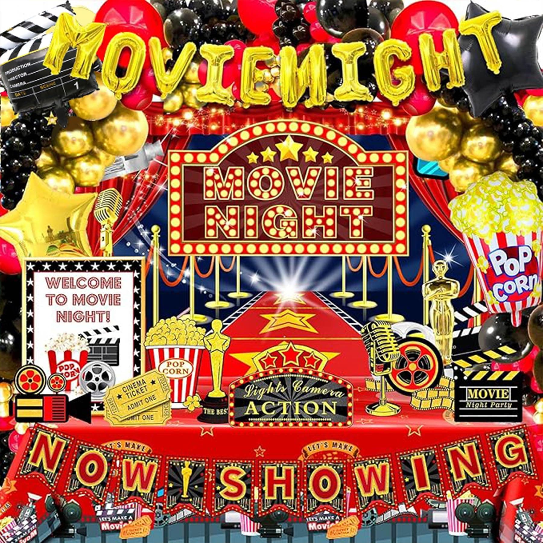 121pcs Movie Night Decorations, Movie Theme Party Decorations, Movie Theater Decorations, Backdrop, Banners, Cardstocks, Tablecloth, Popcorn Clapboard Foil Balloons Arch for Movie Night Birthday Party