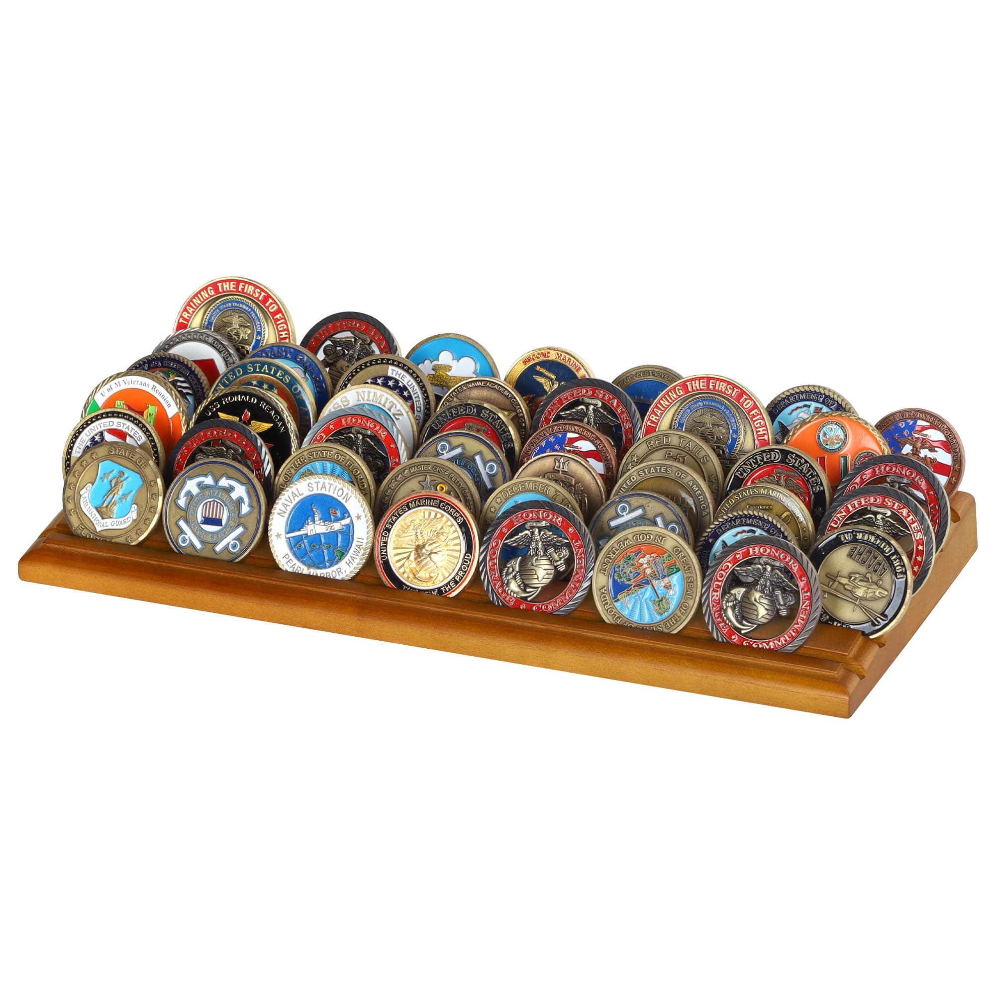 DisplayGifts Challenge Coin Display Stand, 6 Row Wooden Holder Rack Case Holds 42 Coins (Light Walnut Finish - 6 Rows)