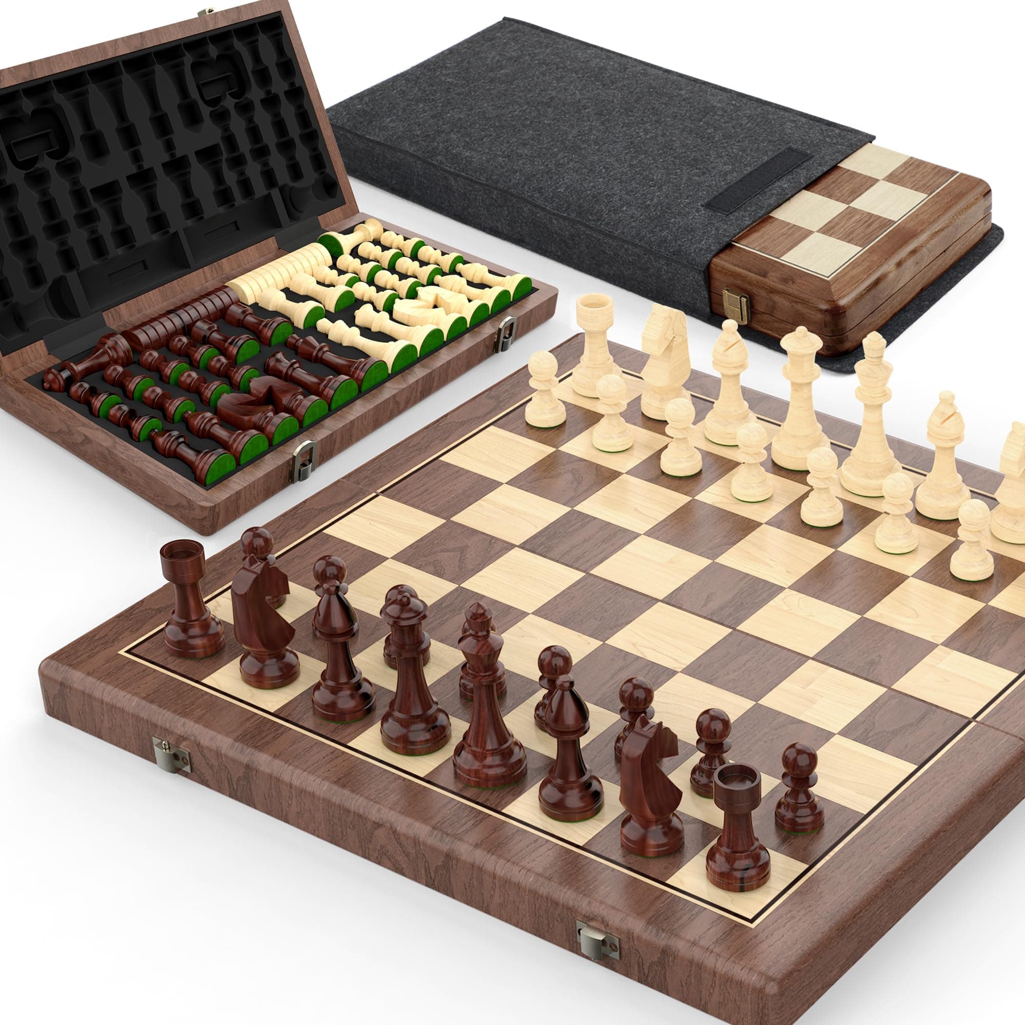 15" Wooden Folding Chess & Checkers Set - 2 in 1 Board Game with 3" King Staunton Pieces and 2 Extra Queens (Walnut Wood+Black Shell)